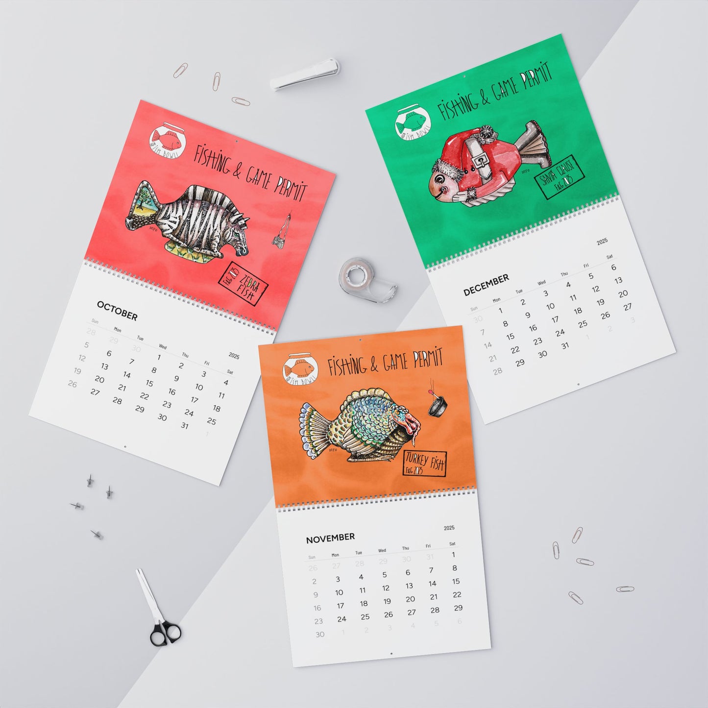 Fishing & Game permit Wall Calendar (2025) by artist Marie Frederique
