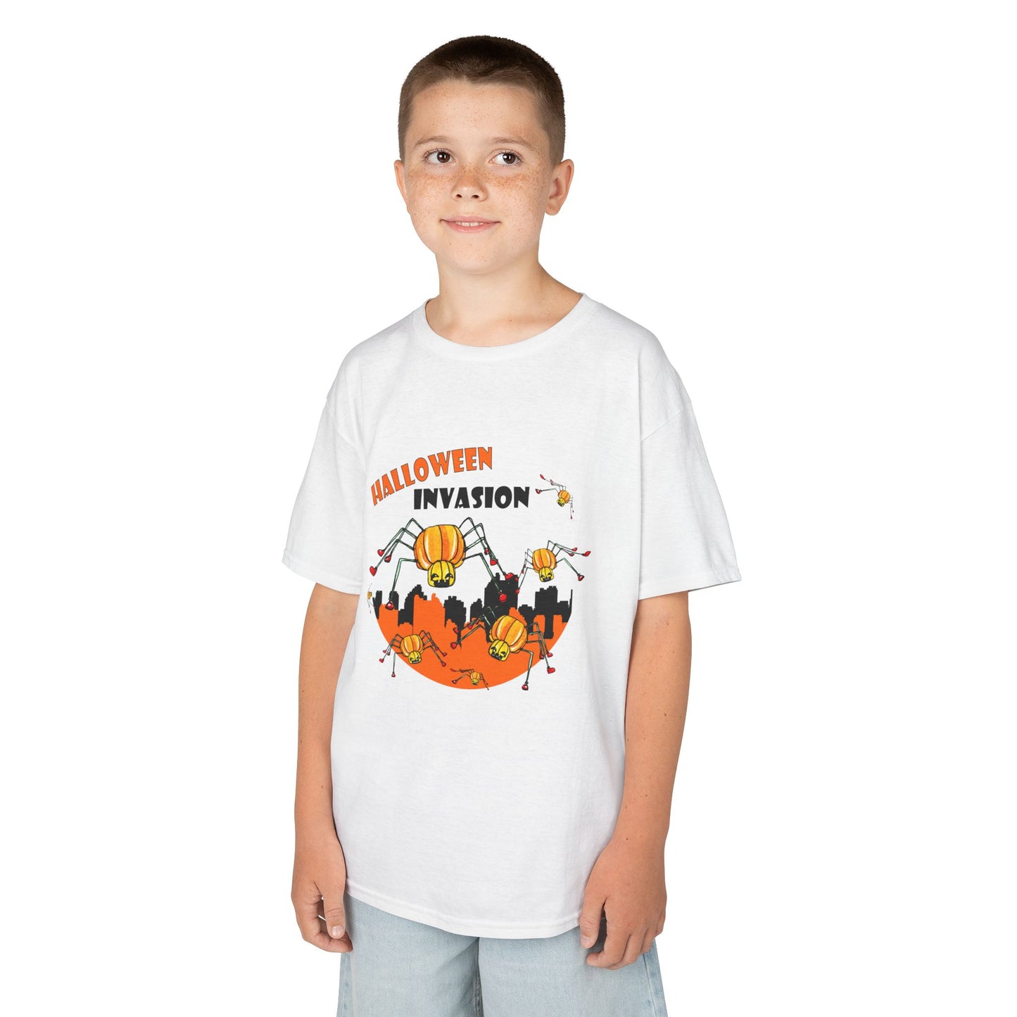 Kids Halloween Tee - Invasion of the Pumpkin Spiders Design by artist Marie Freder1que