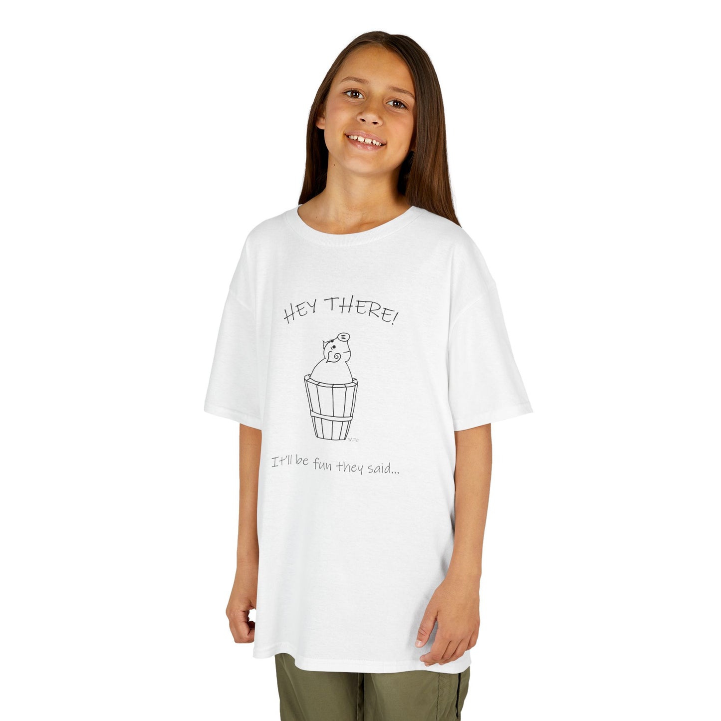 Pig in a barrel - HEY THERE! It'll be fun they said, Kids Heavy Cotton™ Tee by artist Marie Frederique