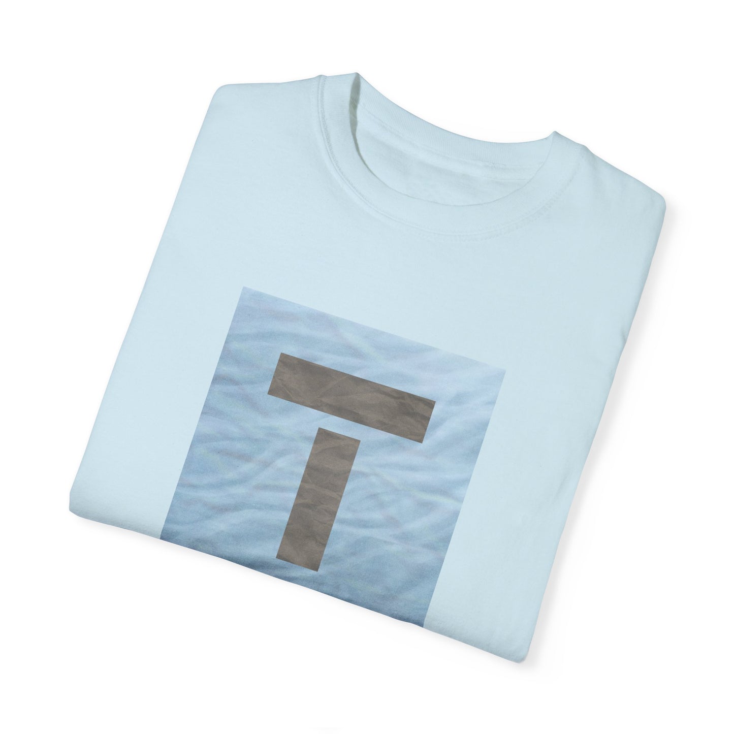 T symbol, Star Energy in a soft grey with light blue water reflections, Unisex Garment-Dyed T-shirt by artist Marie Frederique
