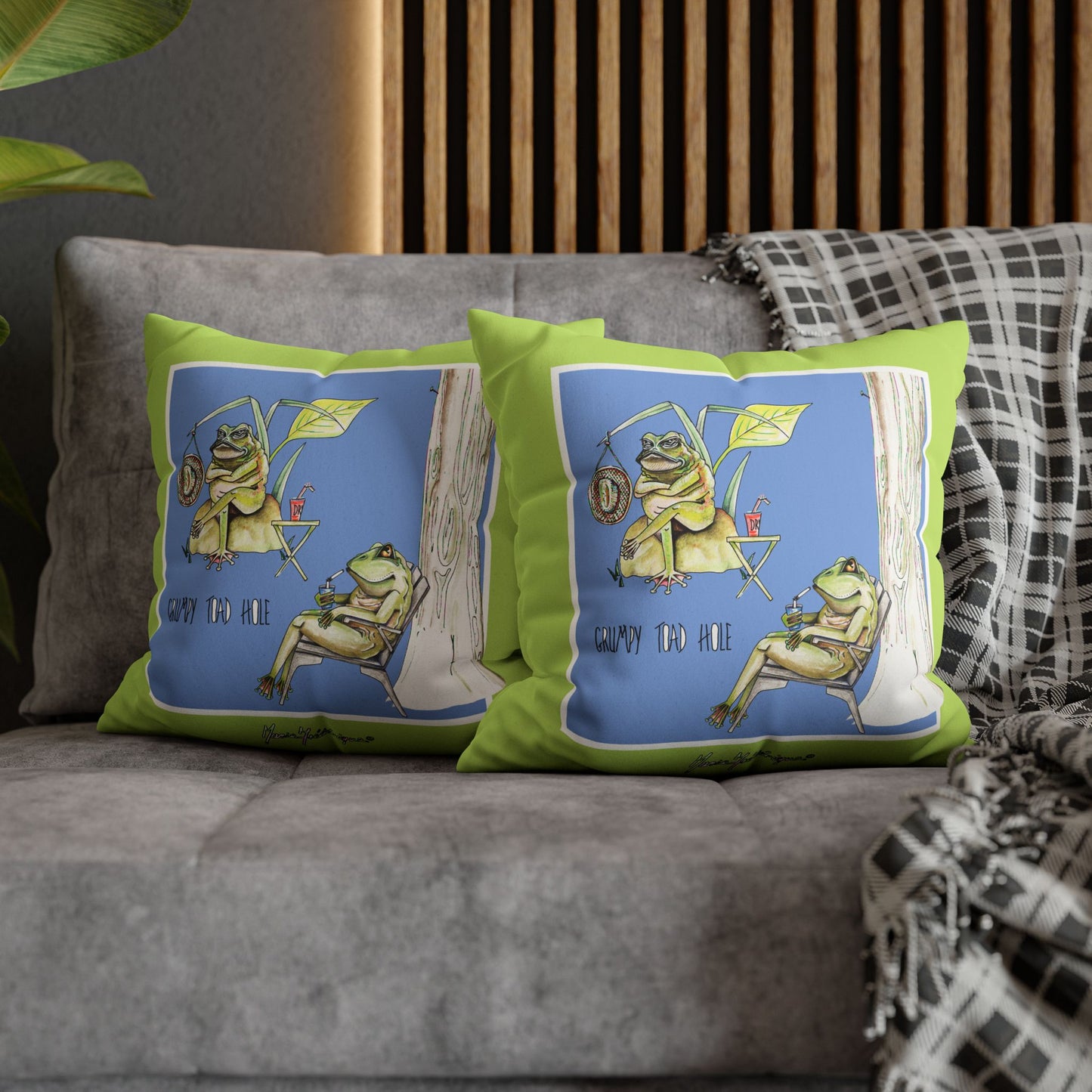 Grumpy Toad Hole - Frenchie Camping Square Pillowcase by artist Marie Frederique