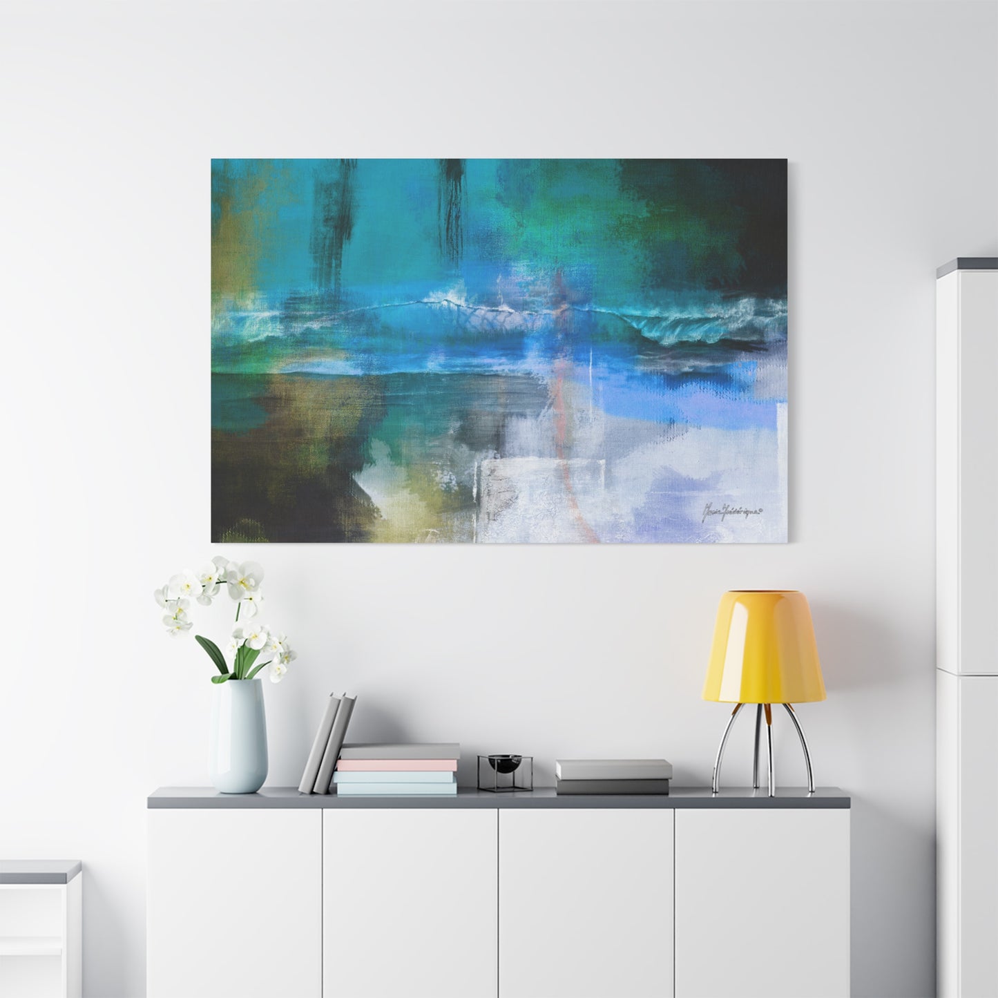 Crashing Wave, Coastal Vibes in Blues and Greens canvas art print by artist Marie Frederique