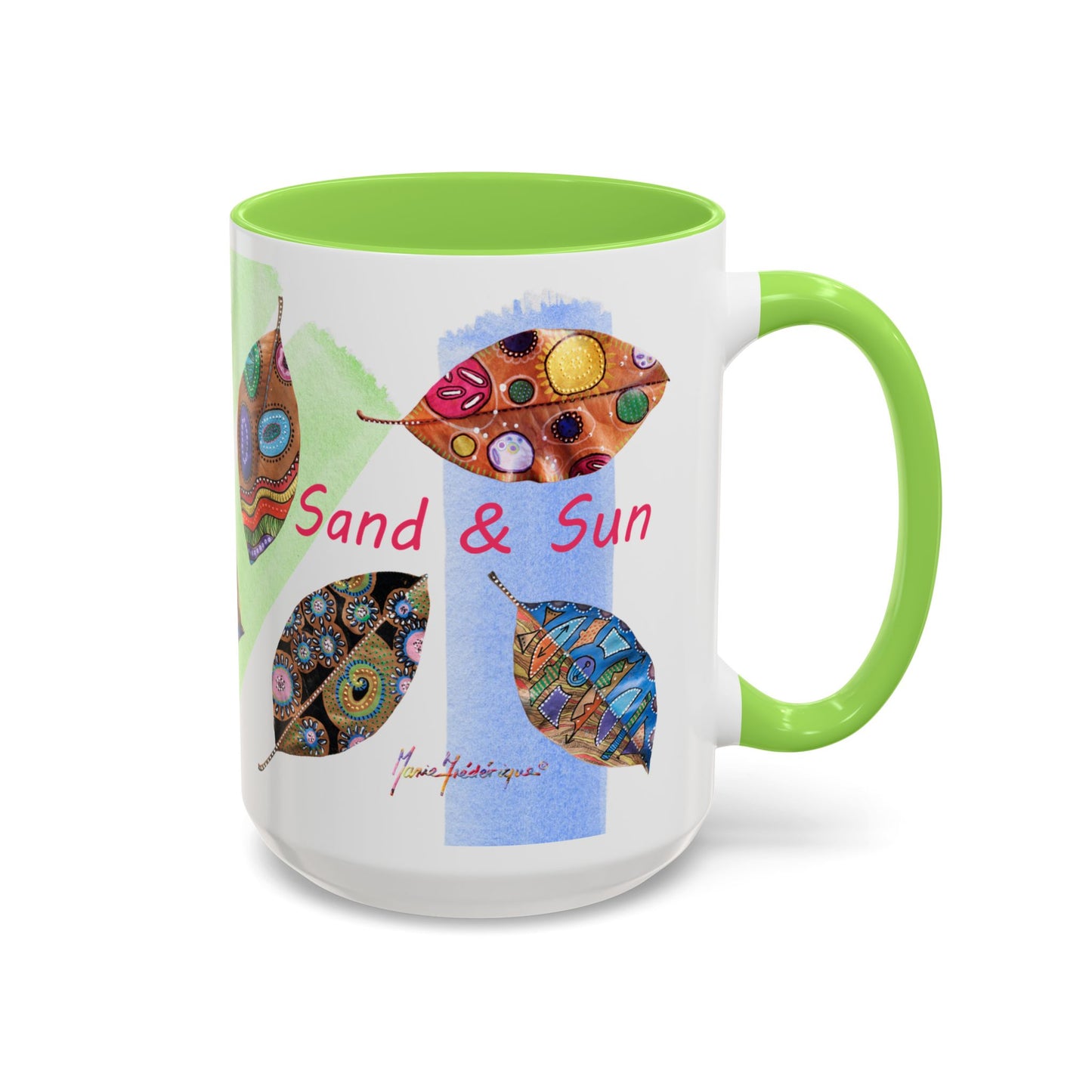 Surf, Sand and Sun multicolored painted leaves - Colorful Mug by Artist Marie Frederique