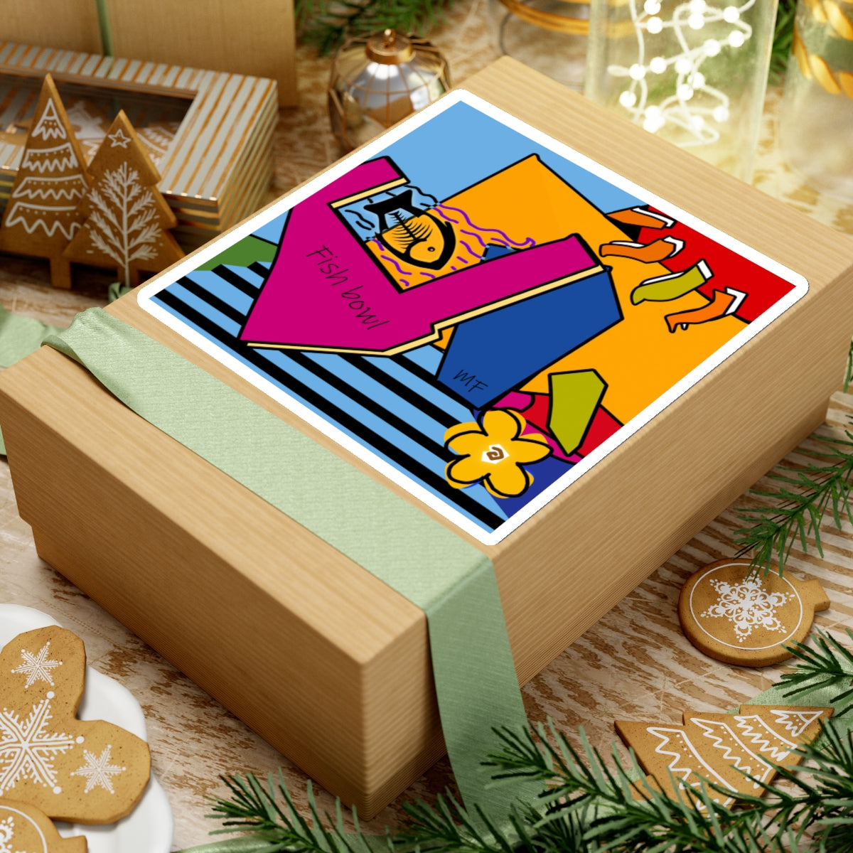 Dog Box series, multicolored graphic Fish bowl sticker by artist Marie Frederique