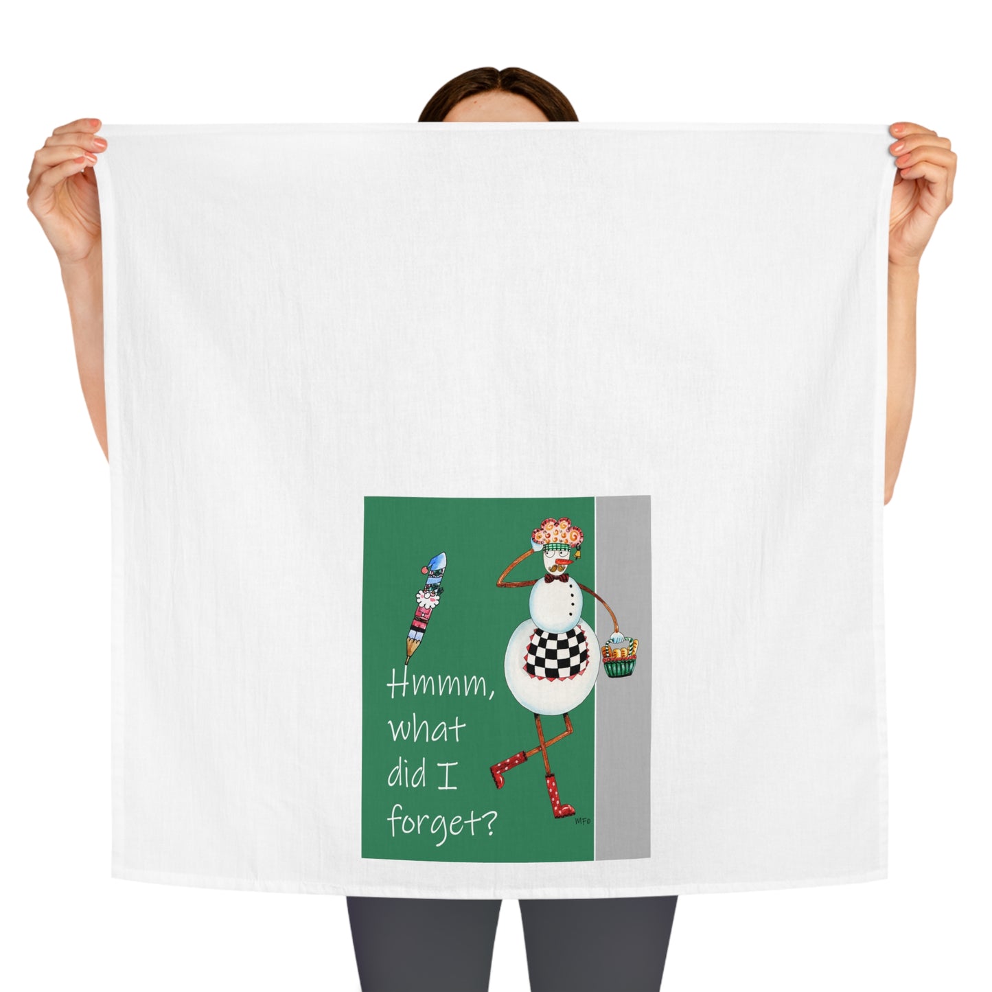Christmas Tea Towel - Hmmm, what did I forget? by artist Marie Frederique