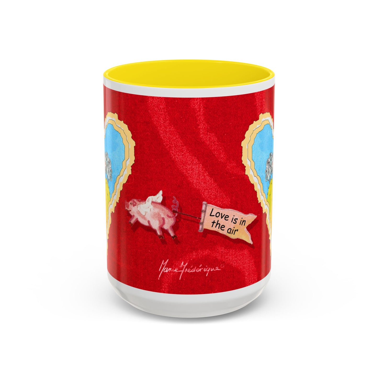 Valentine Sheep, Love is in the air with flying pig - Accent Coffee Mug by artist Marie Frederique