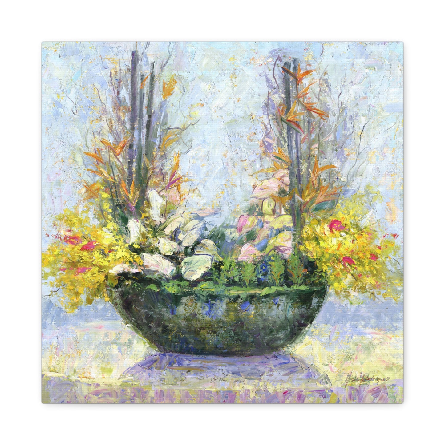 Floral Arrangement, Painterly style with Yellow and Blue - Oil Painting Print by artist Marie Frederique