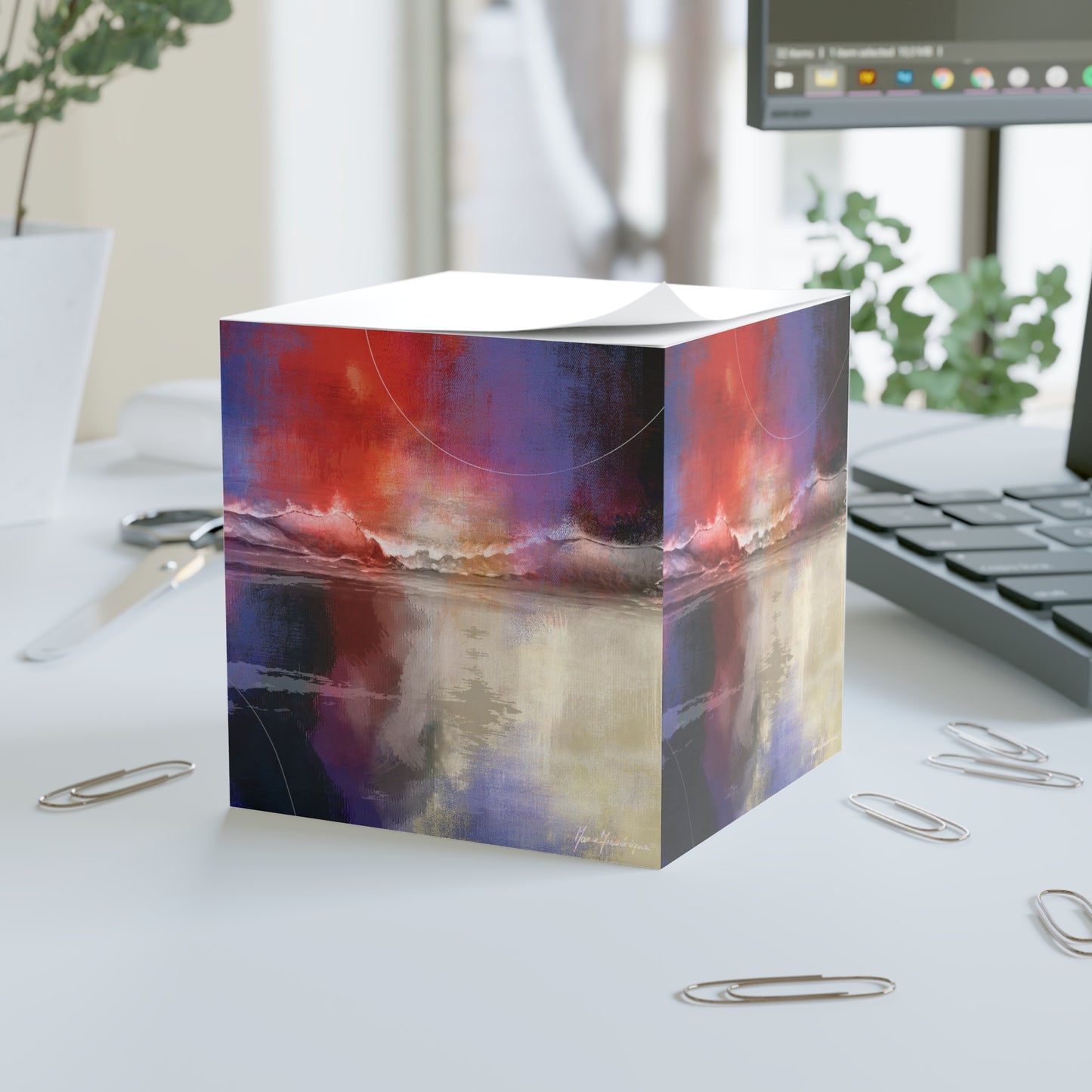 Ocean waves with an abstract hue in Red, Blue Purple Black - Sticky Note Cube by artist Marie Frederique