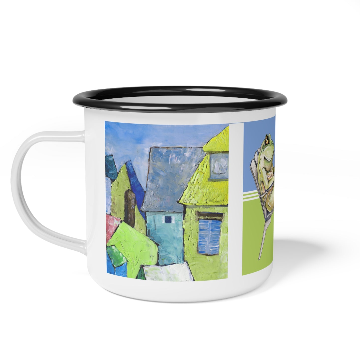 Frenchie Frog goes Camping - Enamel Mug by artist Marie Frederique