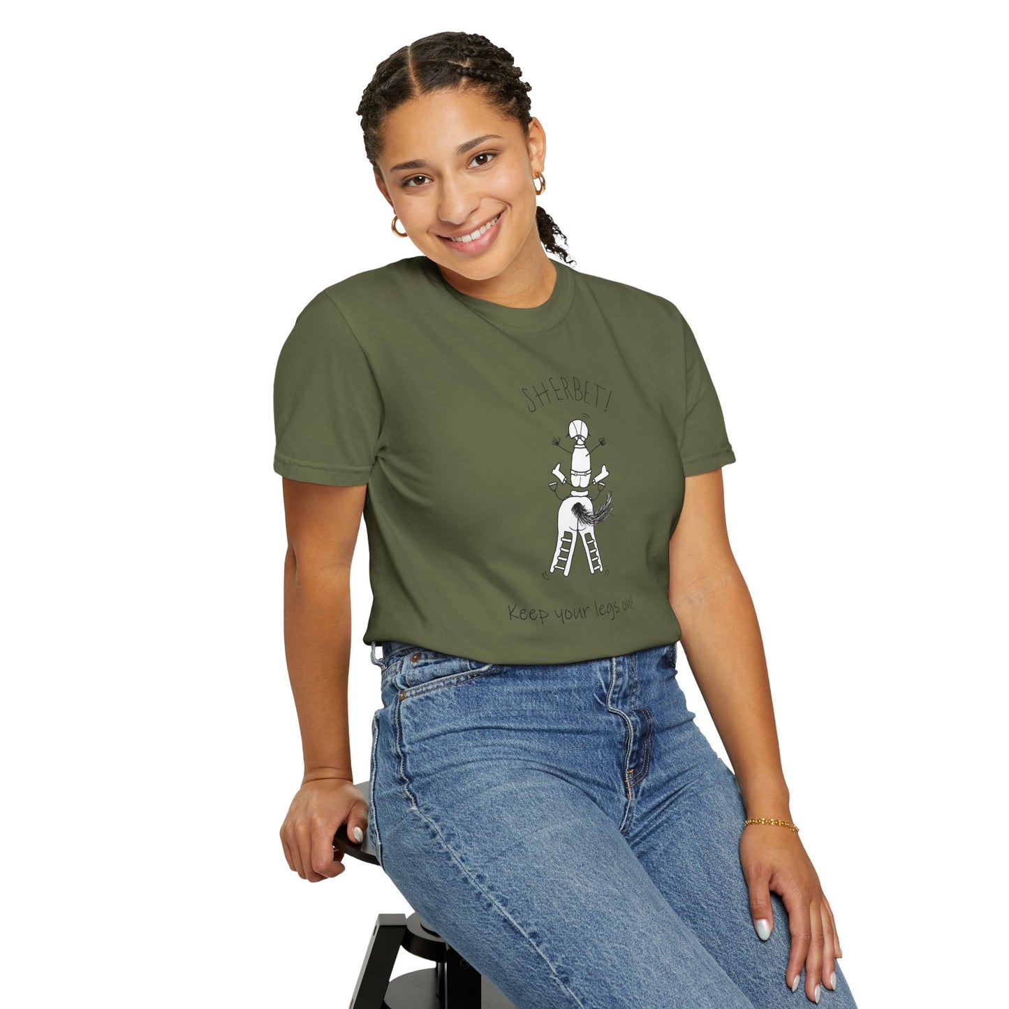 Equestrian KEEP YOUR LEGS ON! T-shirt - Jumping Caricature Design by artist Marie Frederique