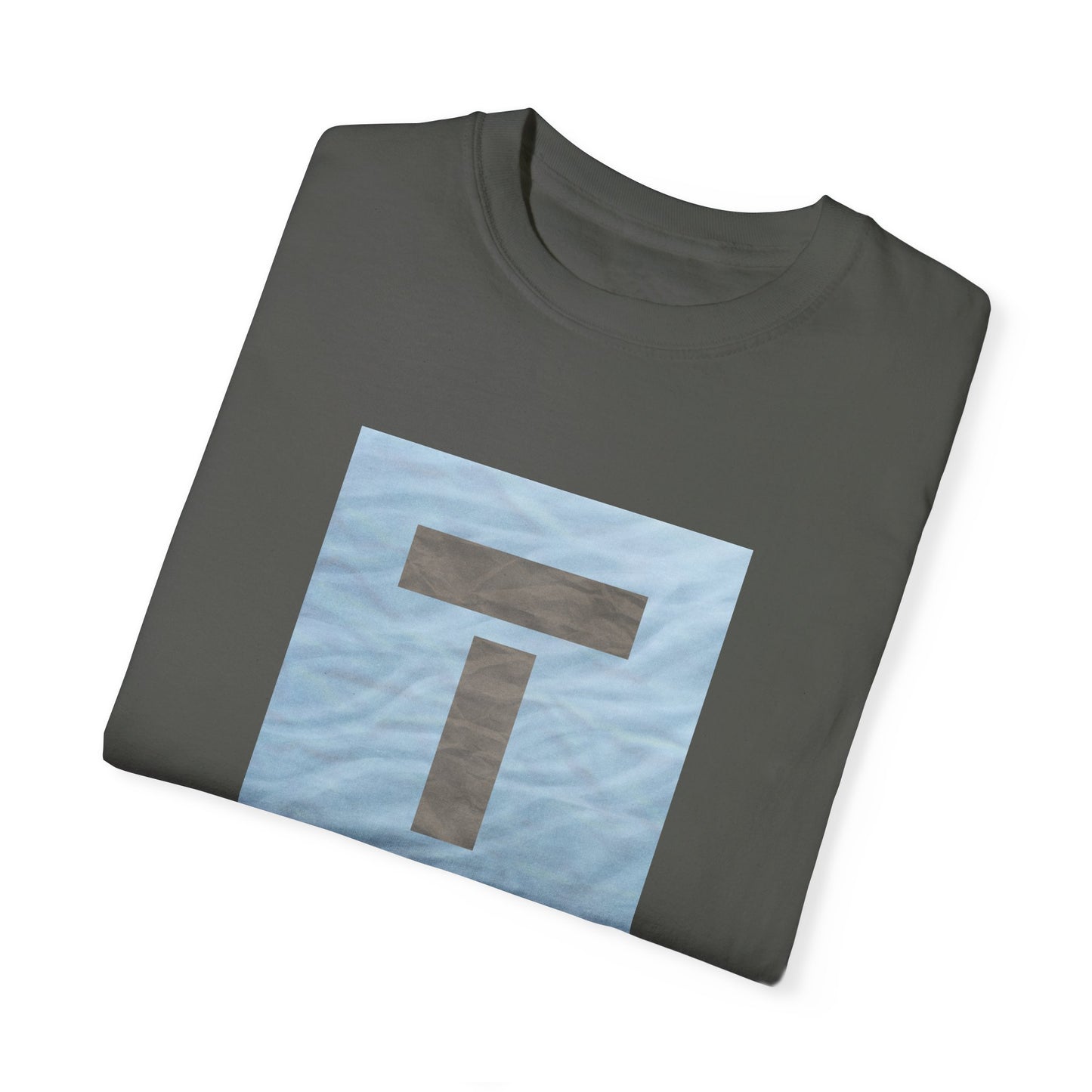T symbol, Star Energy in a soft grey with light blue water reflections, Unisex Garment-Dyed T-shirt by artist Marie Frederique