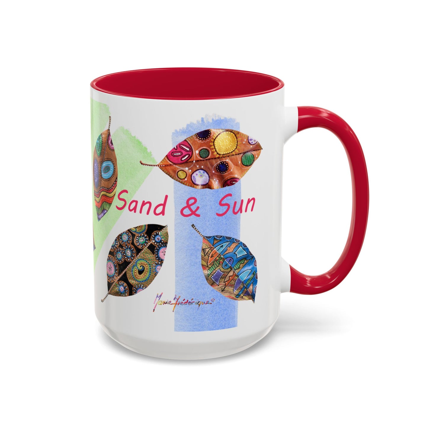 Surf, Sand and Sun multicolored painted leaves - Colorful Mug by Artist Marie Frederique