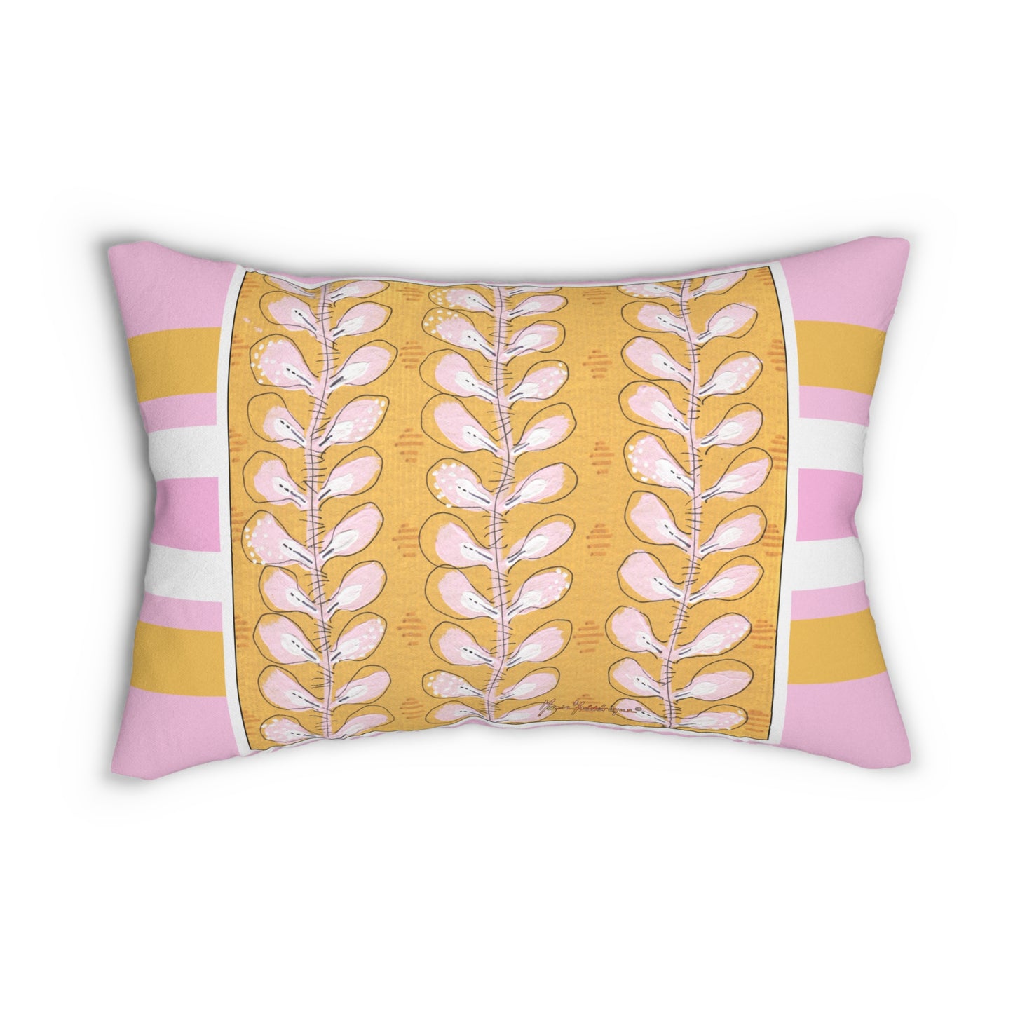 Decorative Gold and Pink Boho lumbar Pillow - Double-Sided Polyester Design by artist Marie Frederique