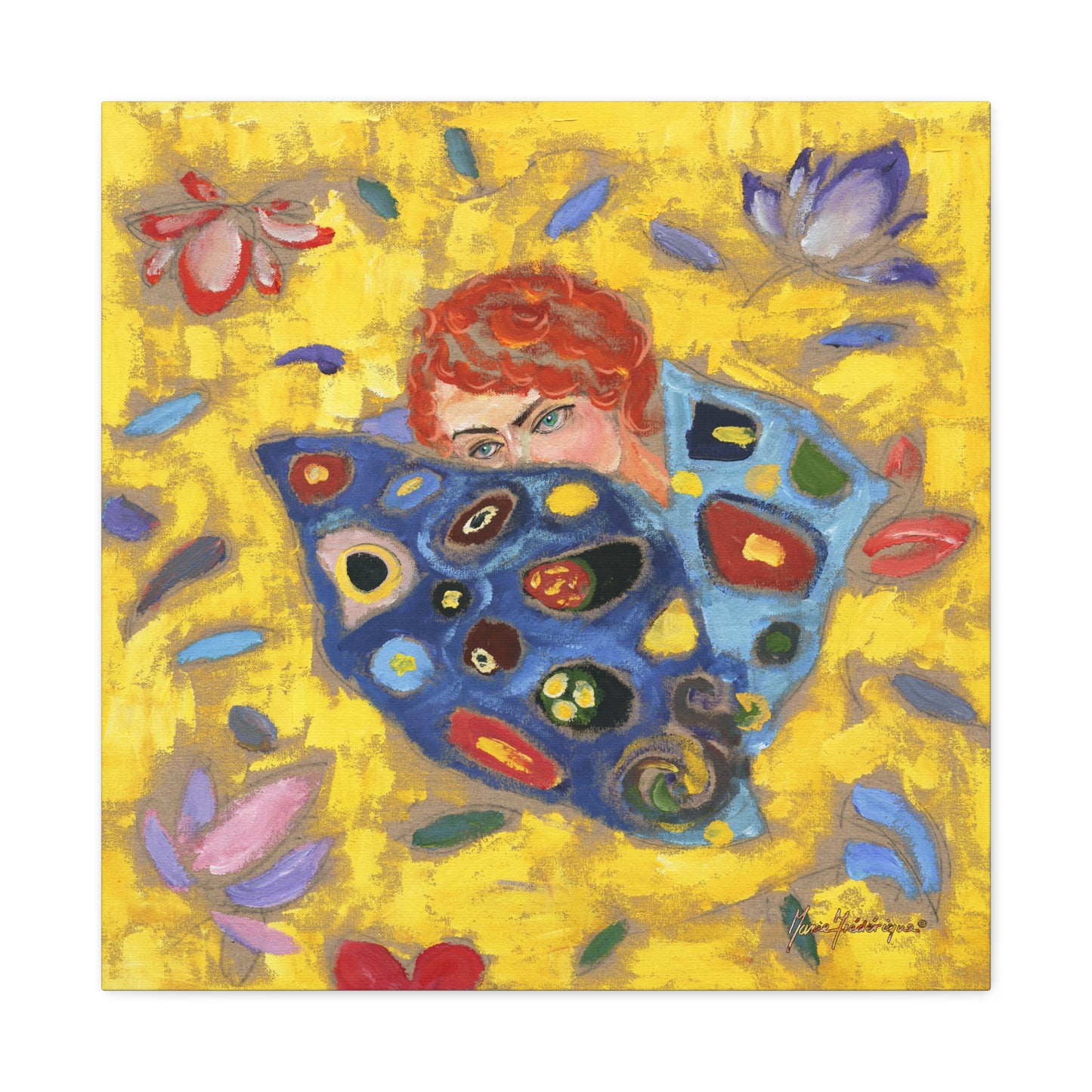 Rose 2 with vibrant yellow and blue Canvas Wall Art by artist Marie Frederique