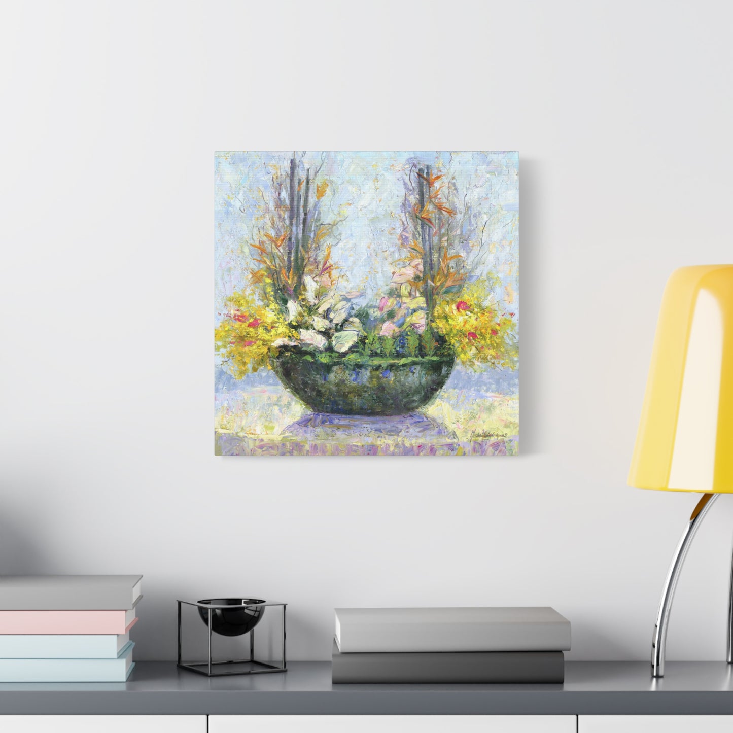 Floral Arrangement, Painterly style with Yellow and Blue - Oil Painting Print by artist Marie Frederique