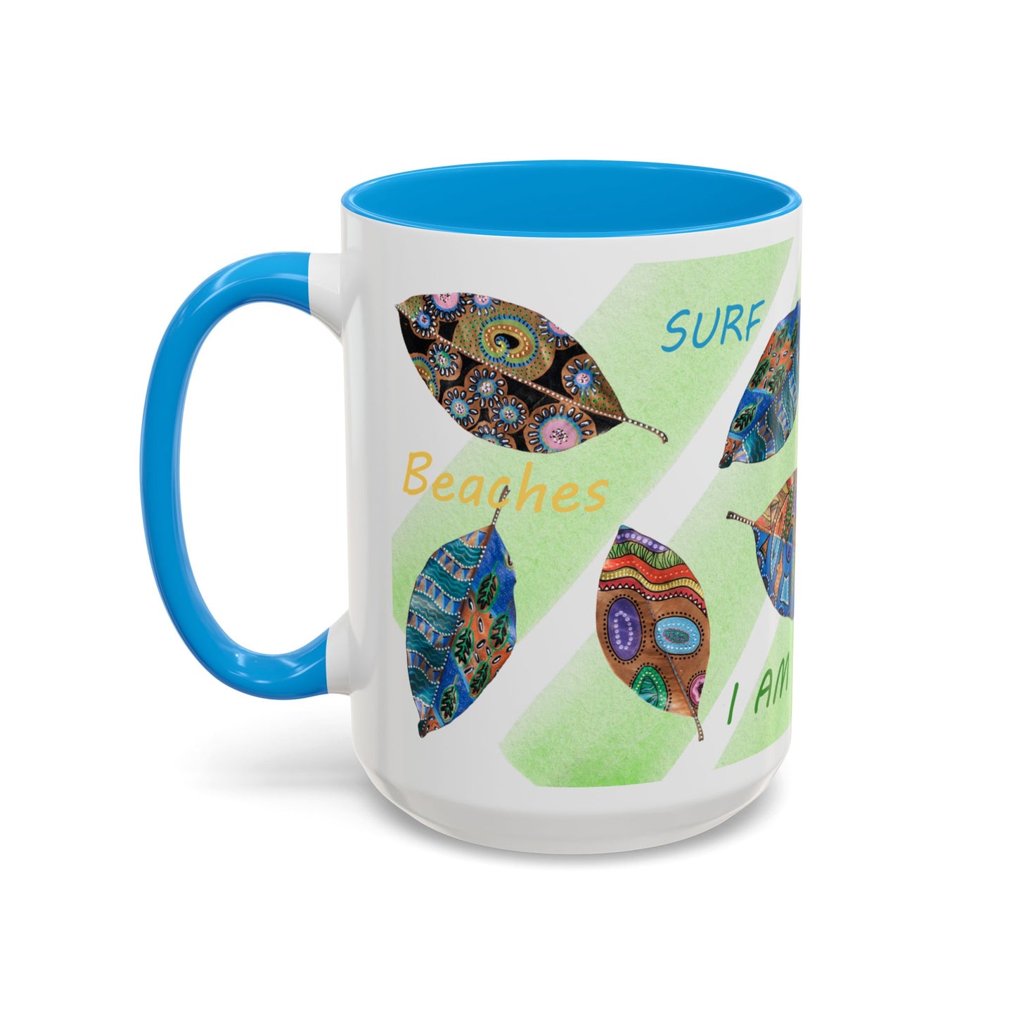 Surf, Sand and Sun multicolored painted leaves - Colorful Mug by Artist Marie Frederique