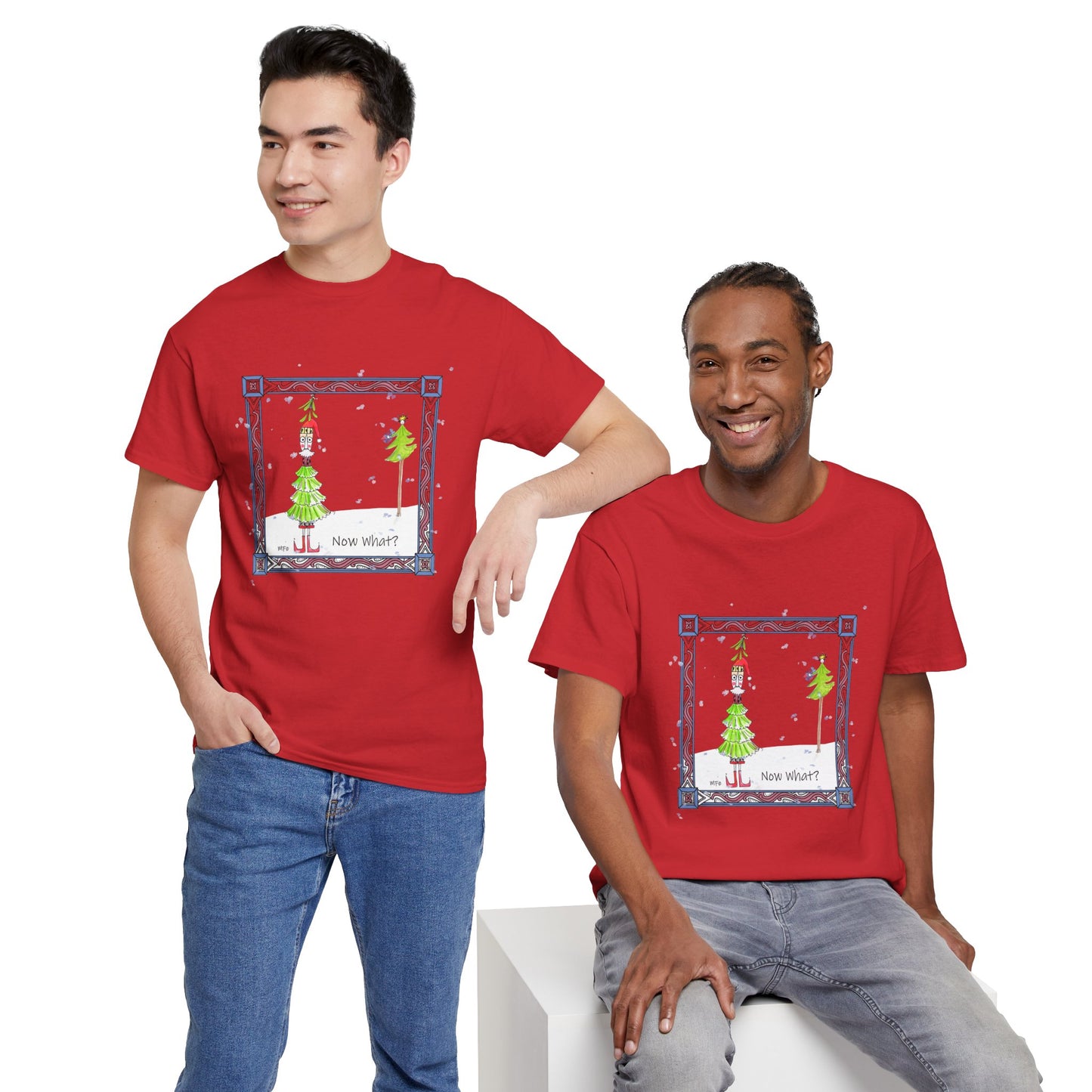 Mistletoe Christmas Tree Elf T-Shirt – Funny "Now What?" Holiday Tee by artist Marie Frederique