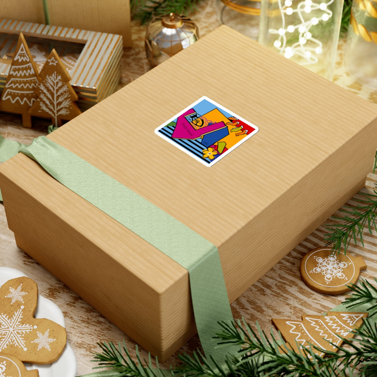 Dog Box series, multicolored graphic Fish bowl sticker by artist Marie Frederique