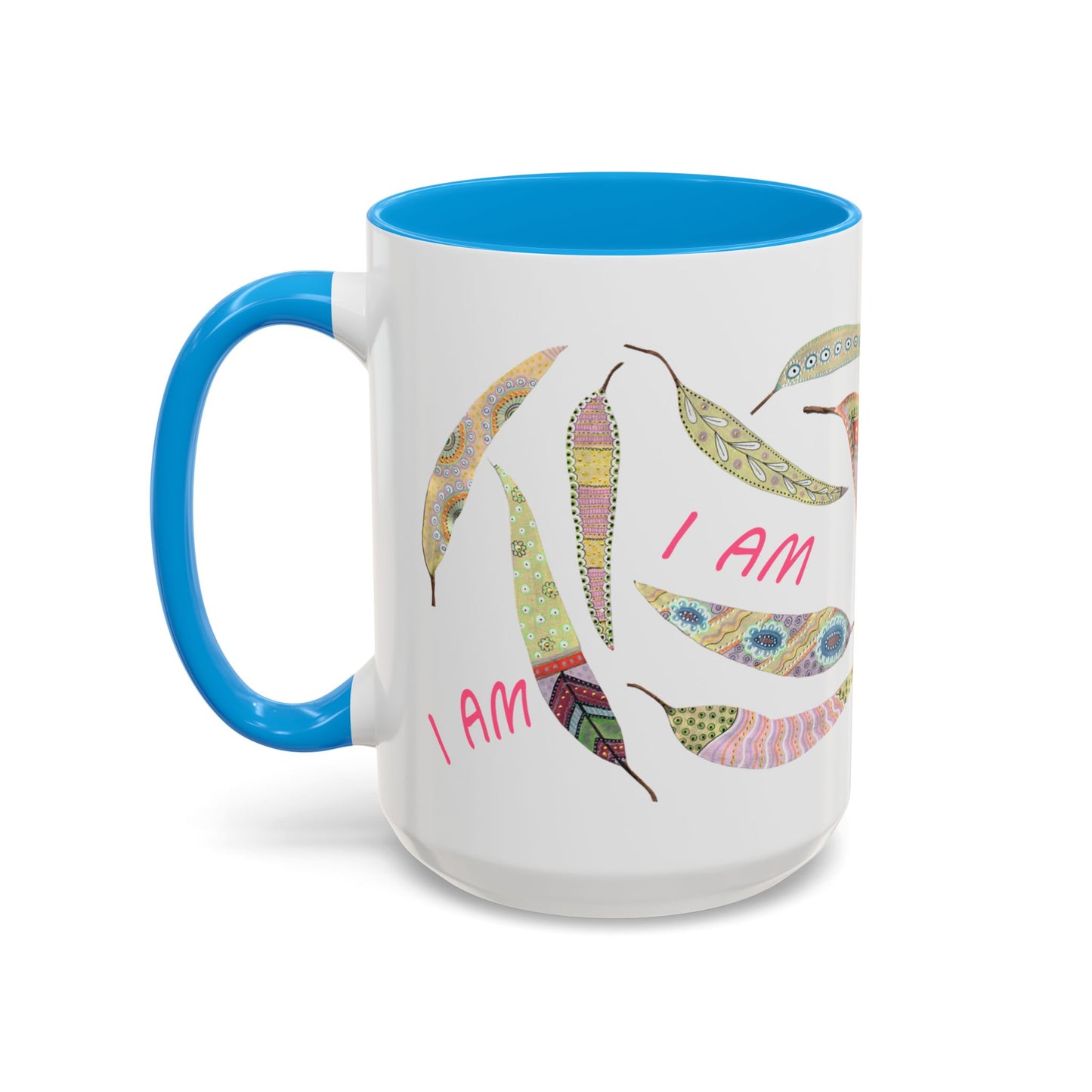 I AM - long pastel painted Eucalyptus leaves mug by Artist Marie Frederique