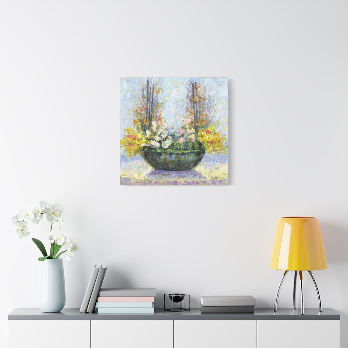 Floral Arrangement, Painterly style with Yellow and Blue - Oil Painting Print by artist Marie Frederique