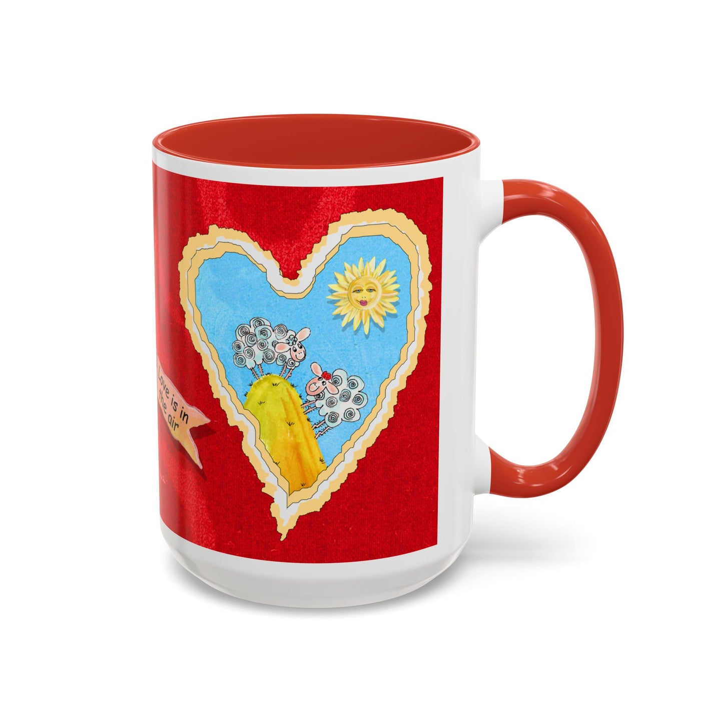 Valentine Sheep, Love is in the air with flying pig - Accent Coffee Mug (11, 15oz) by artist Marie Frederique
