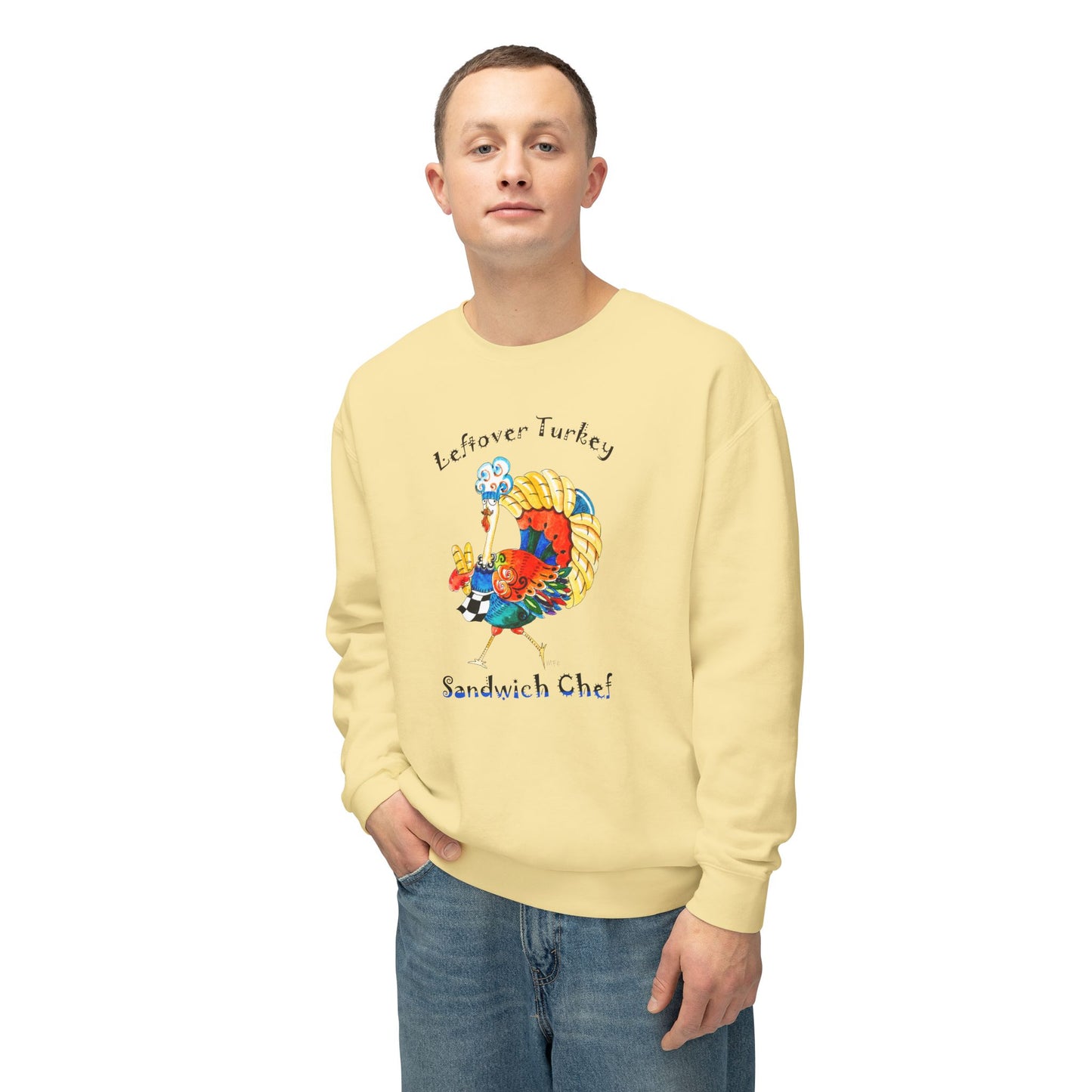 Thanksgiving Turkey Sandwich Chef - Unisex Lightweight Crewneck Sweatshirt by artist Marie Frederique