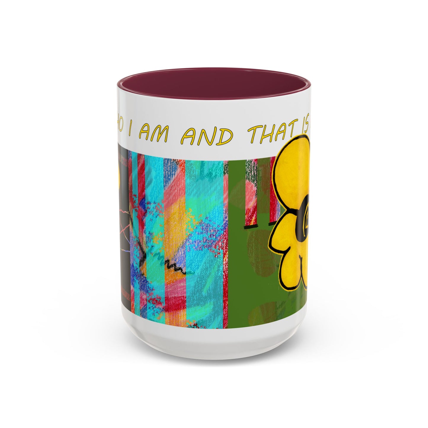 I am who I am and that is enough, multicolored abstract mug by artist Marie Frederique