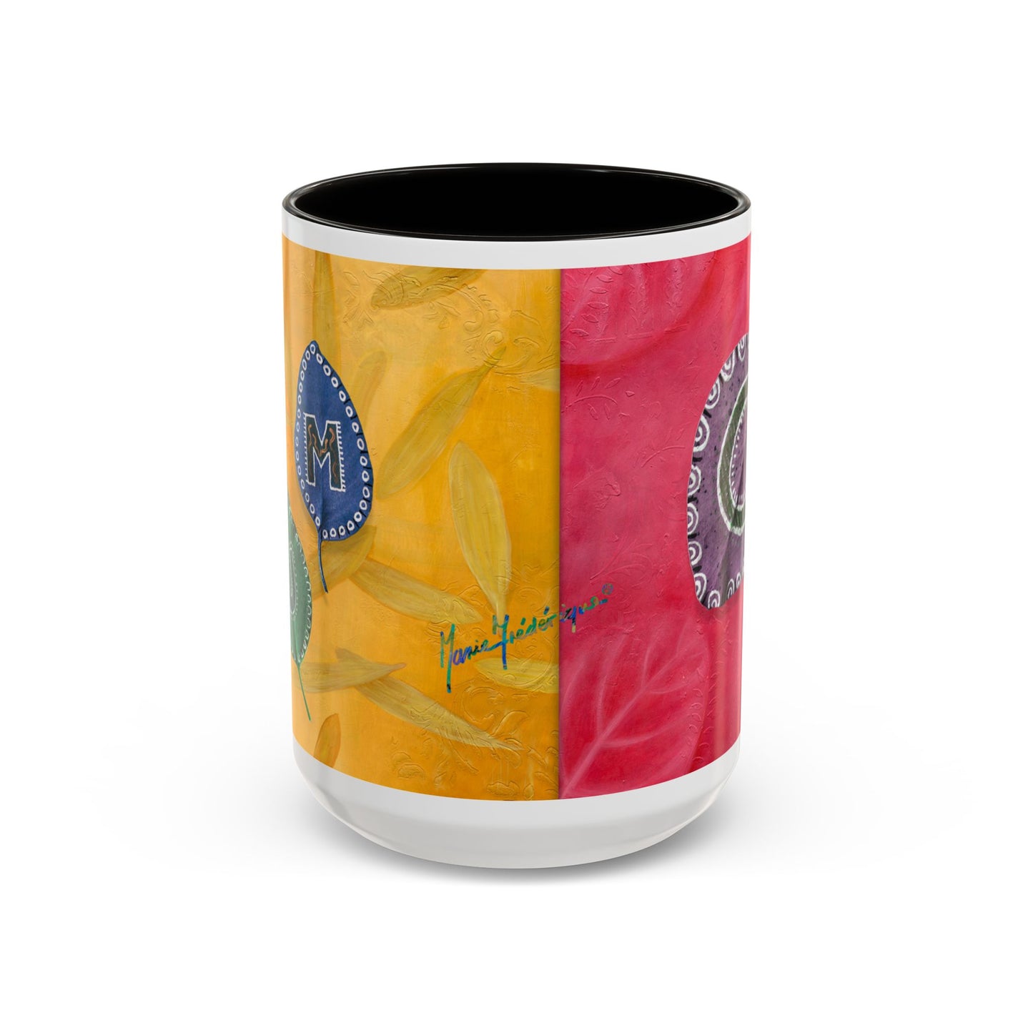 AUM/OM painted leaves spelling AUM & OM Mugs by Artist Marie Frederique