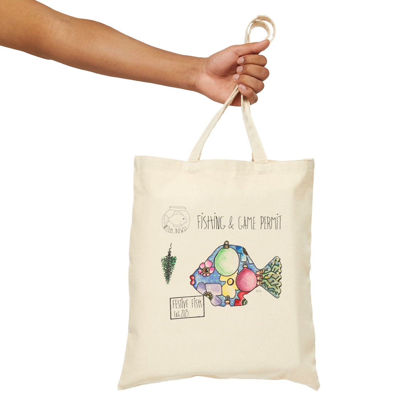 Canvas Tote Bag - Festive Fishing& Game Permit Design by artist Marie Frederique