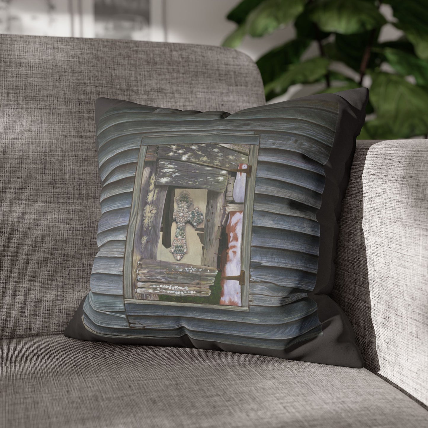 Christian Faux Suede Pillowcase — Driftwood Cabin Log Wall Throw Pillow Cover by artist Marie Frederique