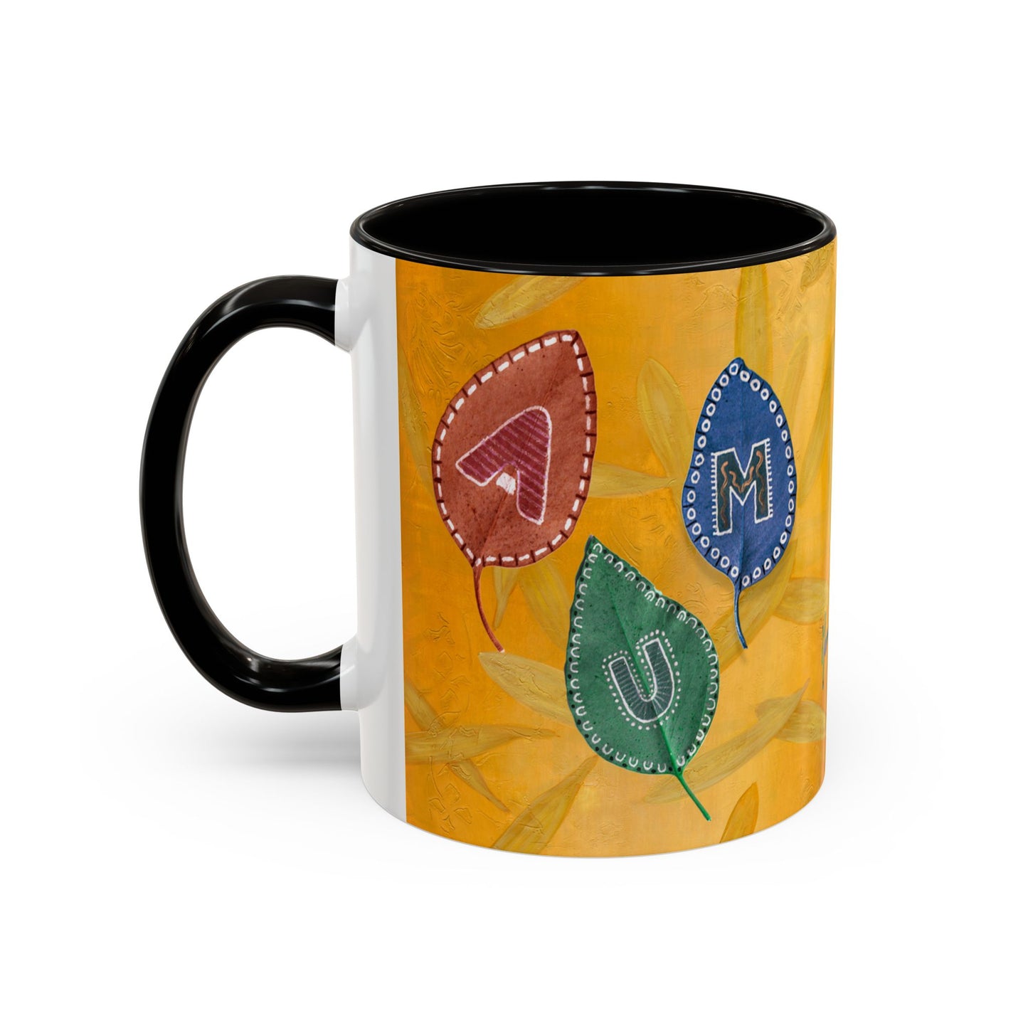 AUM/OM painted leaves spelling AUM & OM Mugs by Artist Marie Frederique