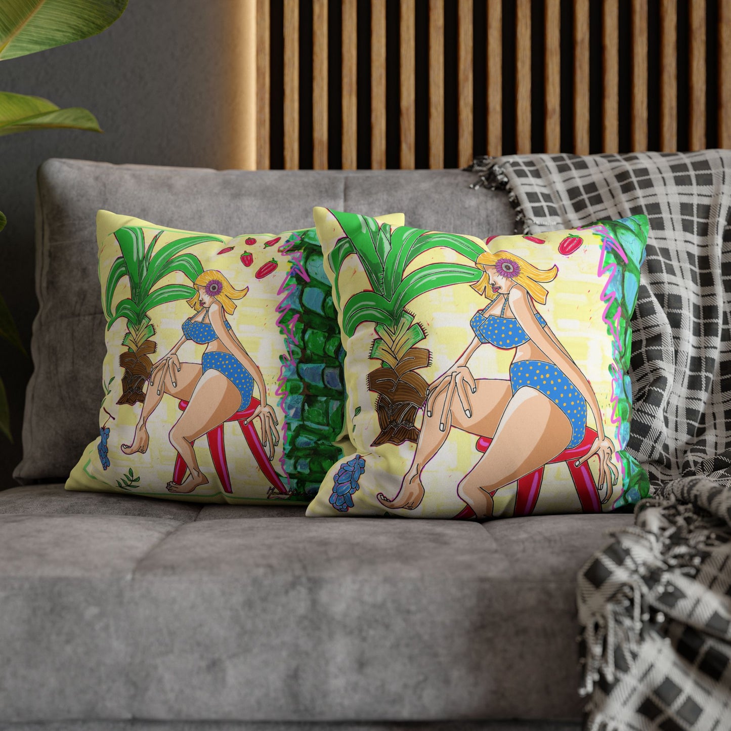 Tropical Pin-Up (Pillowcase only) Beach Bikini Faux Suede Square Pillow by artist Marie Frederique