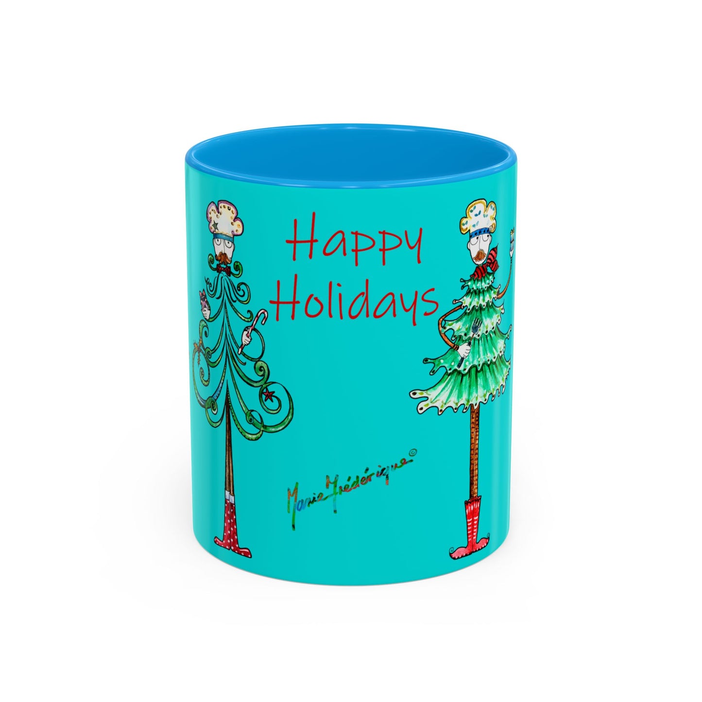 Christmas Trees, Happy Holiday Colorful Mugs by artist Marie Frederique