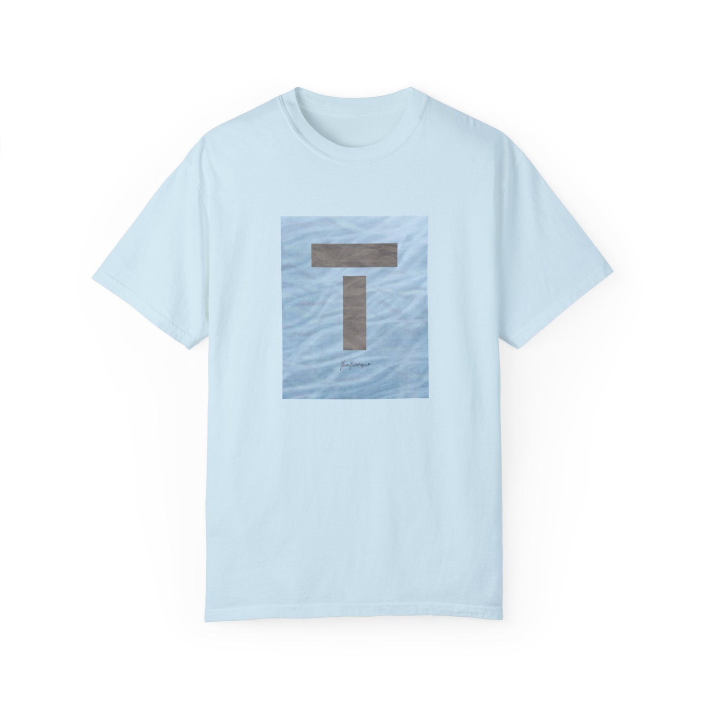 T symbol, Star Energy in a soft grey with light blue water reflections, Unisex Garment-Dyed T-shirt by artist Marie Frederique