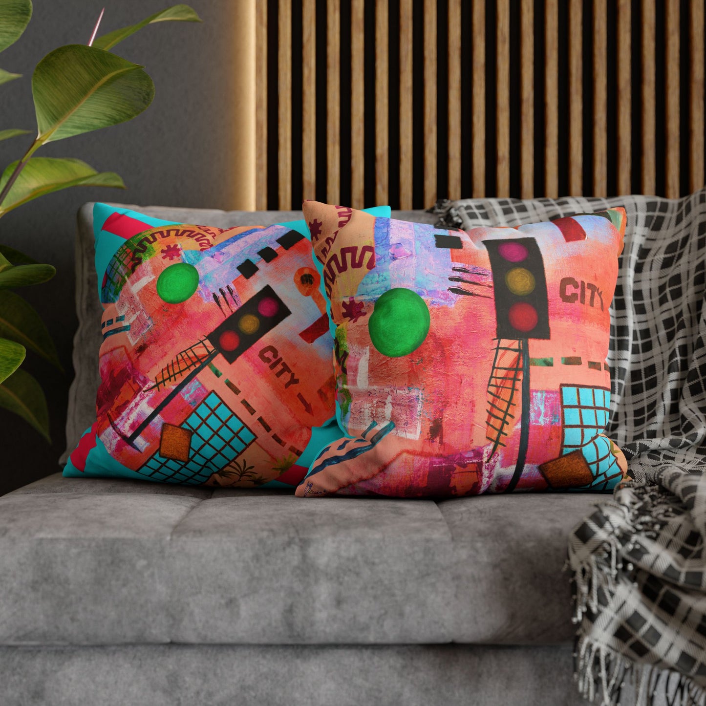 Urban City-Themed Faux Suede Pillowcase by artist Marie Frederique (Pillow not included)