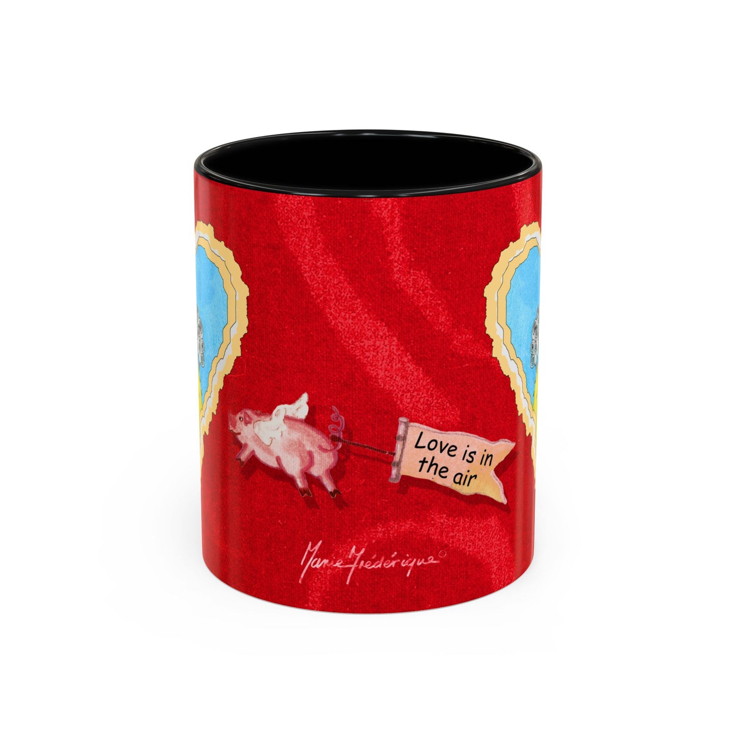 Valentine Sheep, Love is in the air with flying pig - Accent Coffee Mug (11, 15oz) by artist Marie Frederique