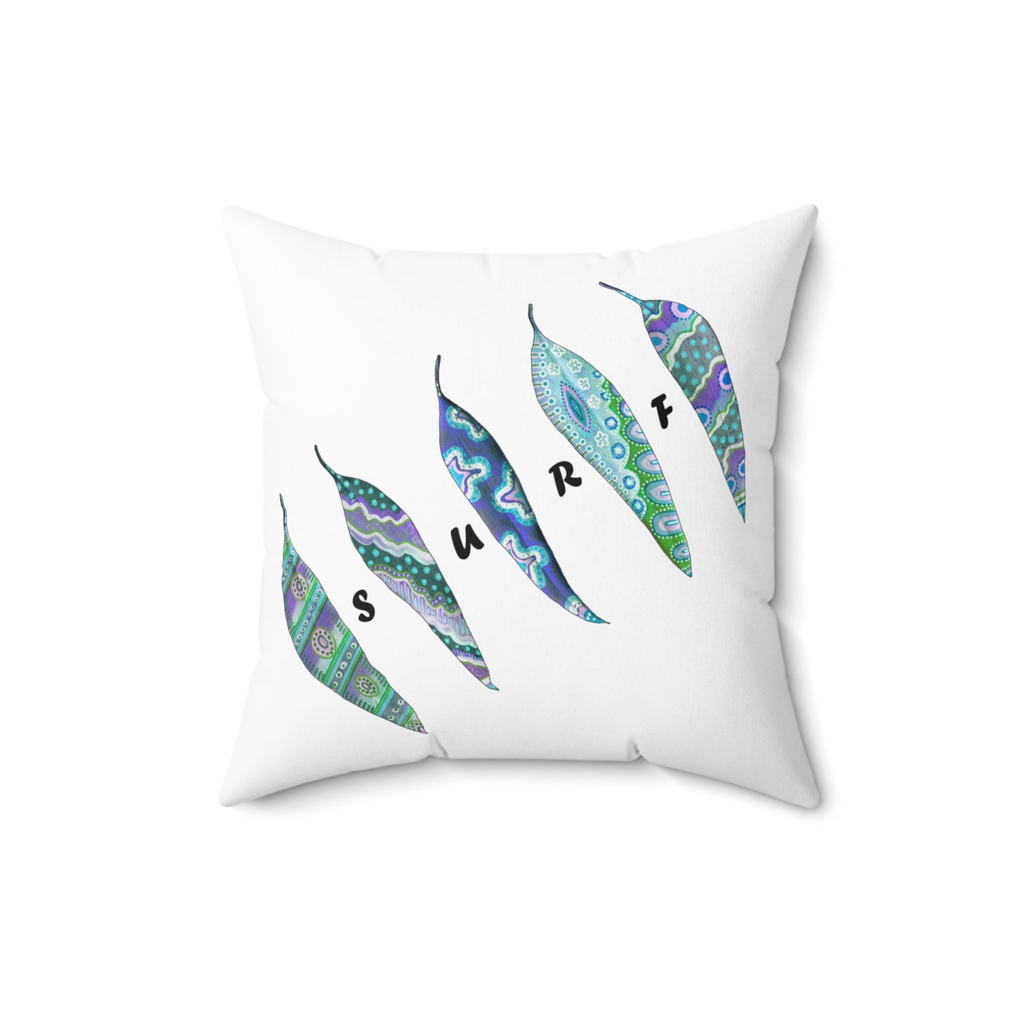 Surf and painted leaves, Blue and White Square Pillow by artist Marie Frederique