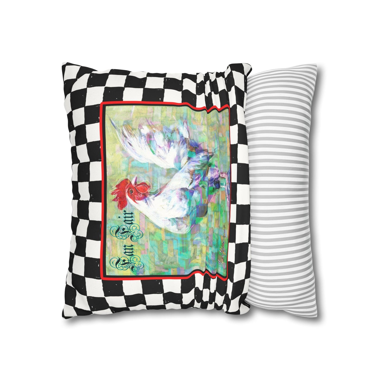White Rooster Checkered Faux Suede Pillowcase - "Fan Fair" Farmhouse Accent Pillow Cover by artist Marie Frederique