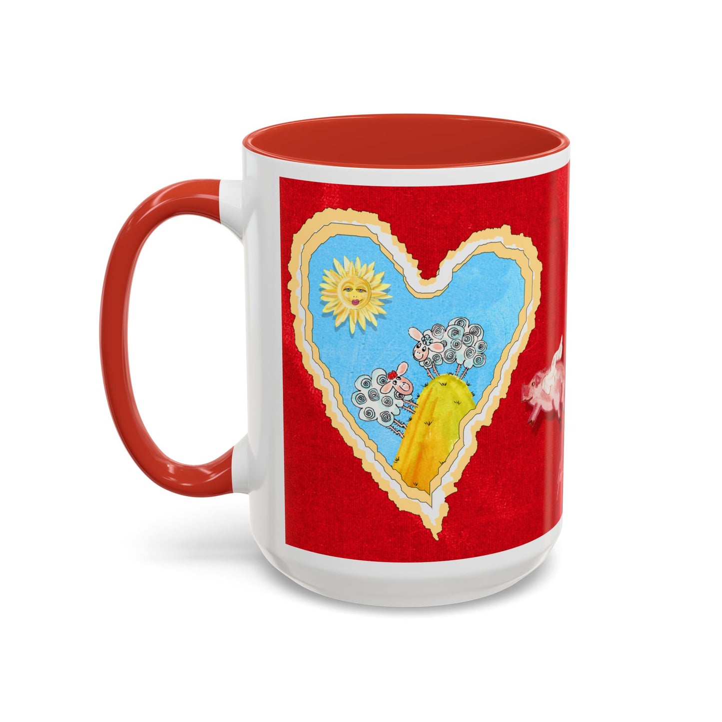 Valentine Sheep, Love is in the air with flying pig - Accent Coffee Mug (11, 15oz) by artist Marie Frederique
