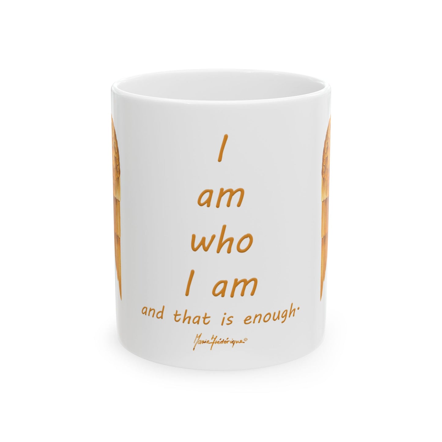 Angel Wings, "I am who I am and that is enough" Ceramic Mug in golden yellow by Artist Marie Frederique