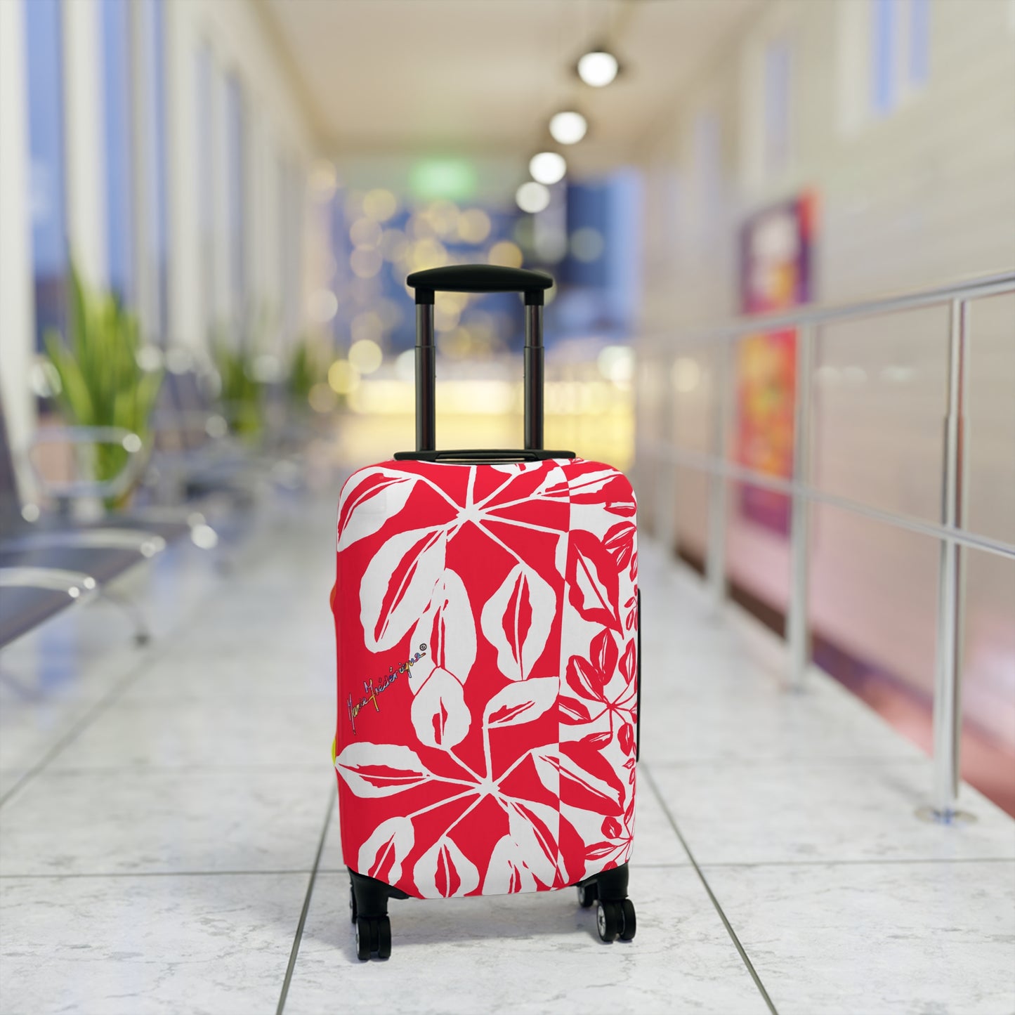 Luggage Cover, Tropical leaves in Red and White by artist Marie Frederique