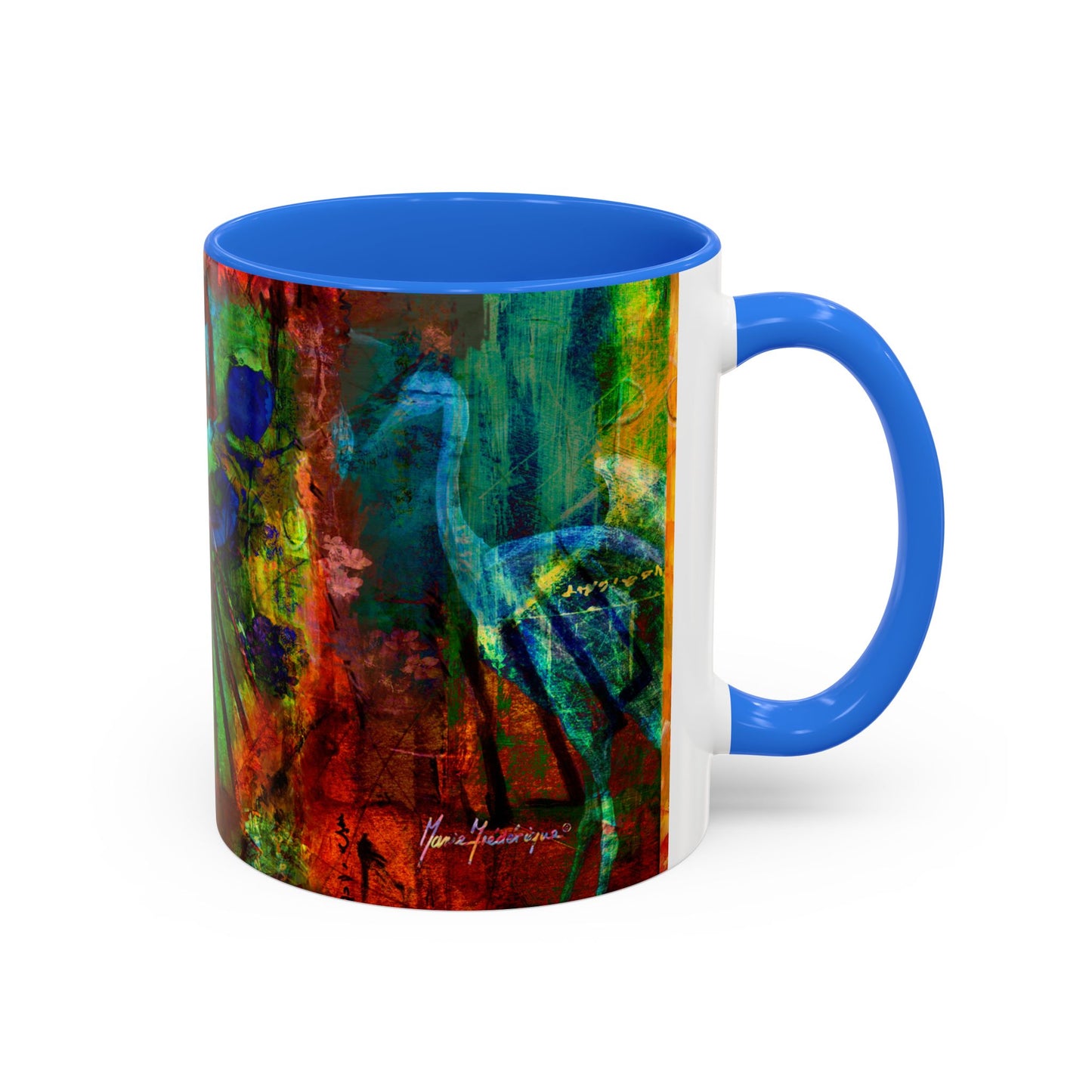 Blue Crane, Abstract Colorful Mug by Artist Marie Frederique