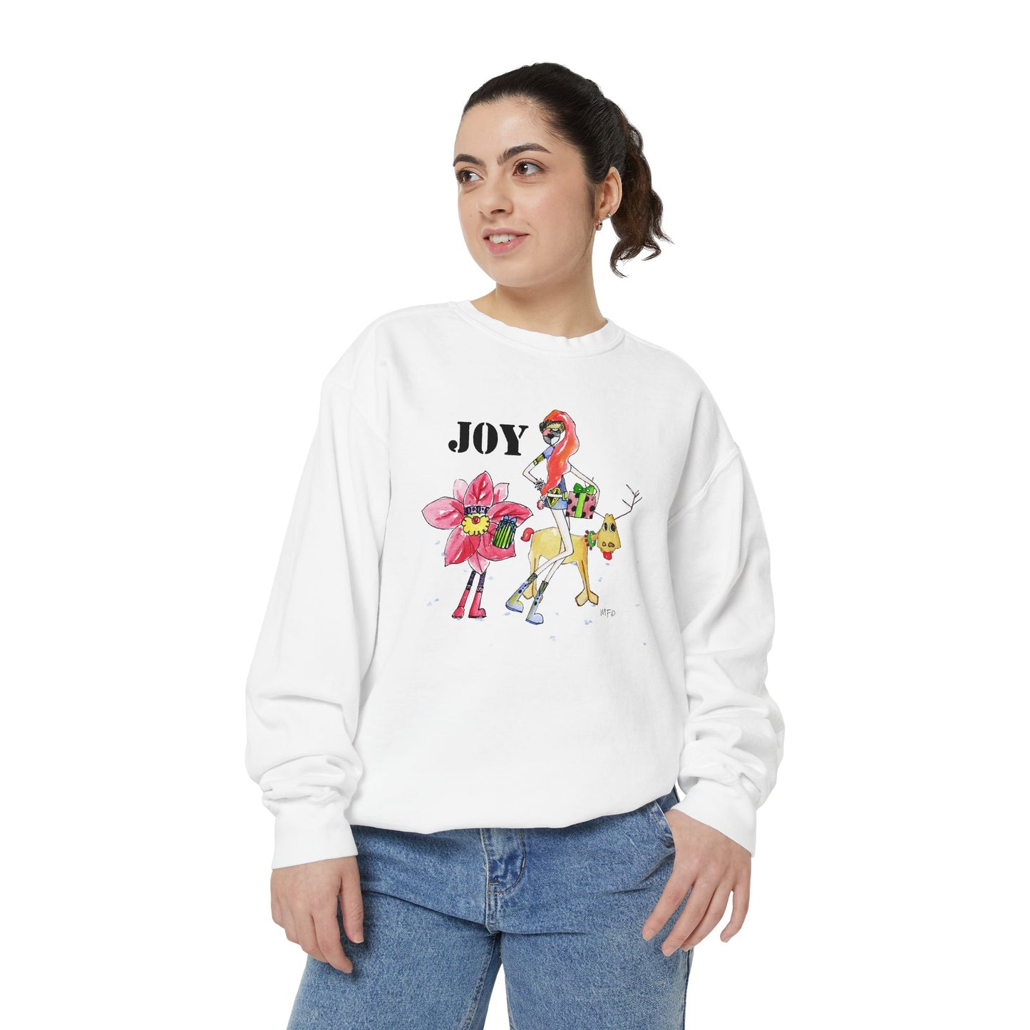 Christmas Sweatshirt "JOY" with Whimsical Characters by artist Marie Frederique