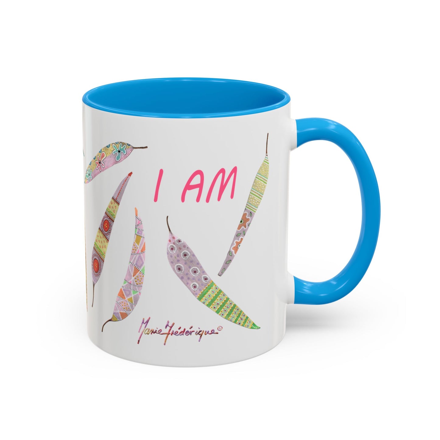 I AM - long pastel painted Eucalyptus leaves mug by Artist Marie Frederique