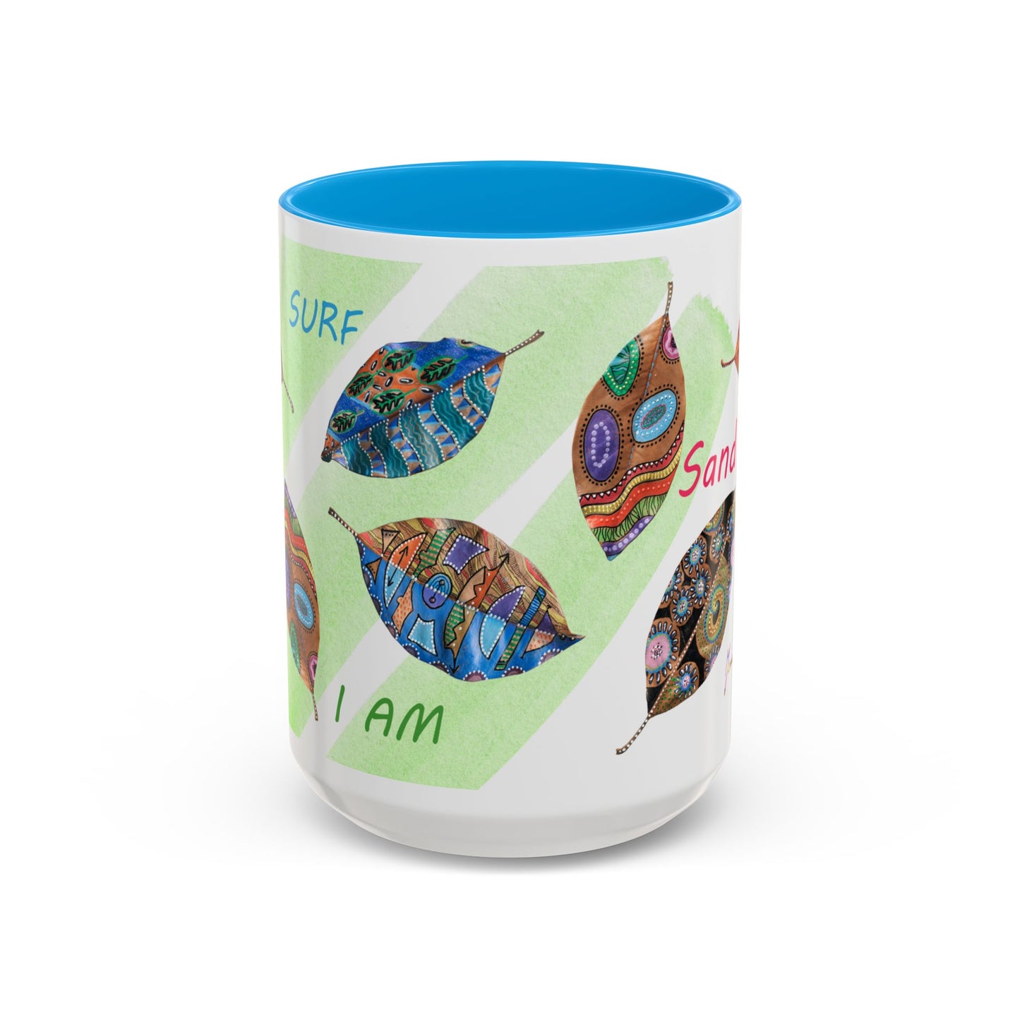 Surf, Sand and Sun multicolored painted leaves - Colorful Mug by Artist Marie Frederique