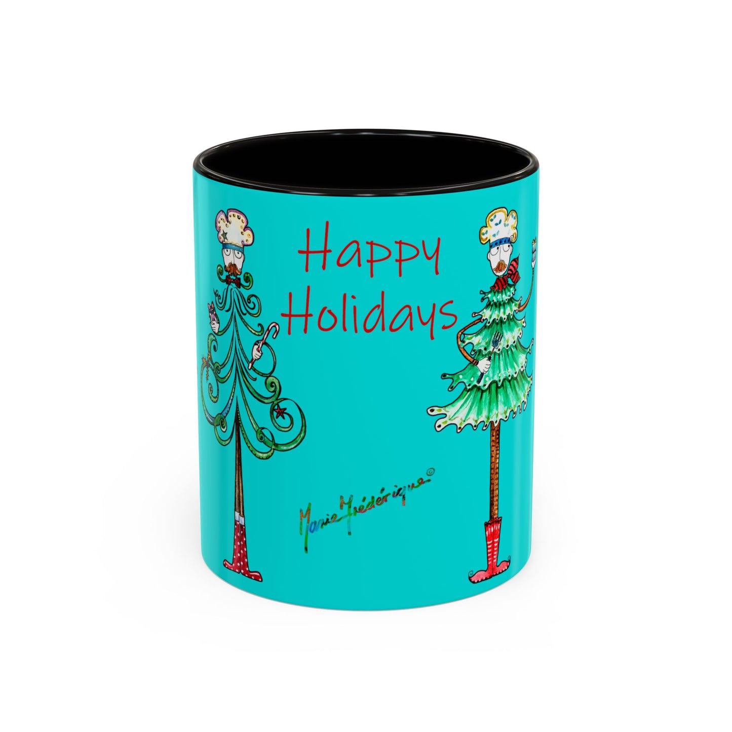 Christmas Trees, Happy Holiday Colorful Mugs by artist Marie Frederique