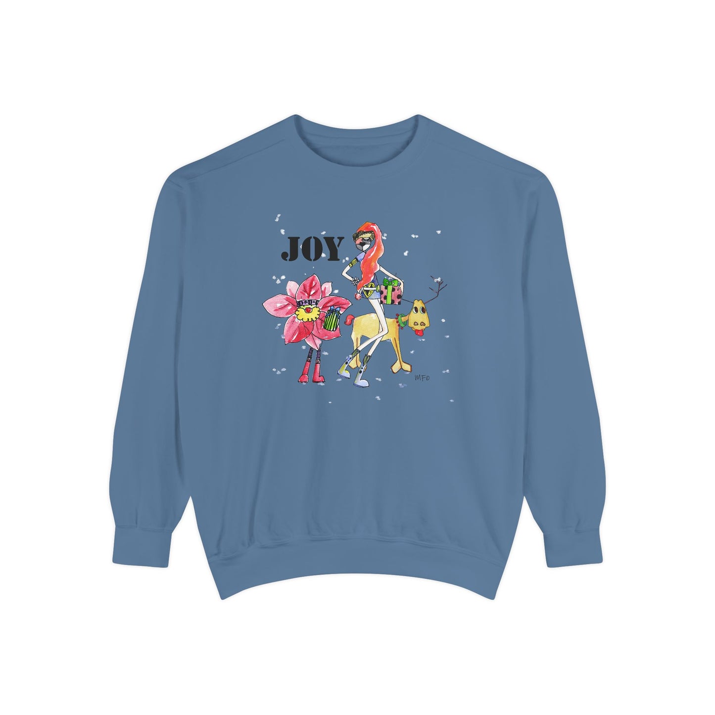 Christmas Sweatshirt "JOY" with Whimsical Characters by artist Marie Frederique
