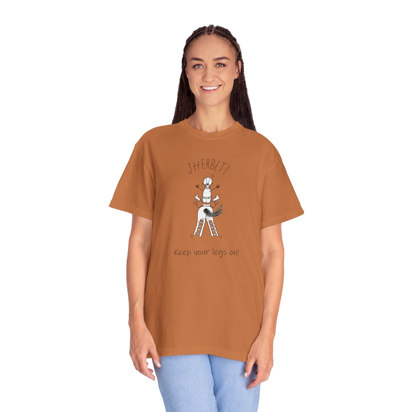 Equestrian KEEP YOUR LEGS ON! T-shirt - Jumping Caricature Design by artist Marie Frederique