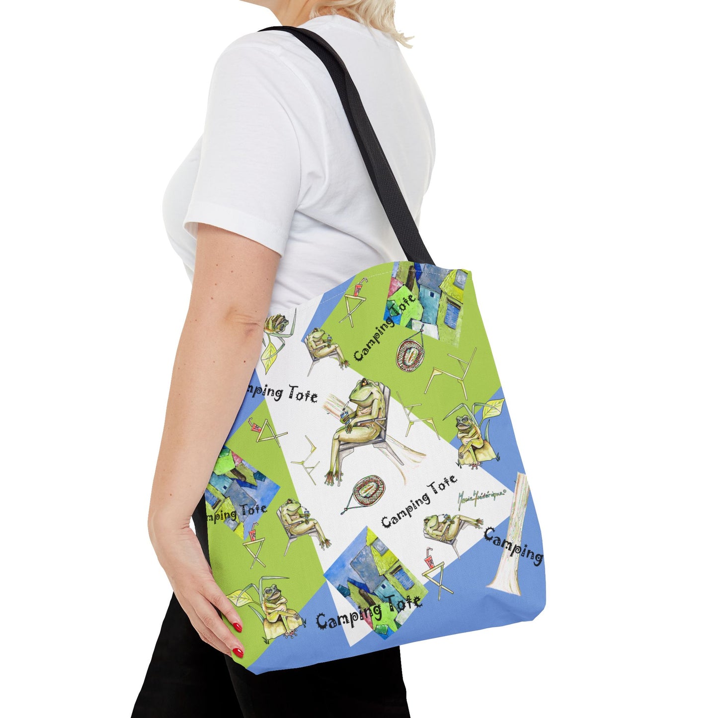 Camp Frog Adventure Tote Bag by artist Marie Frederique