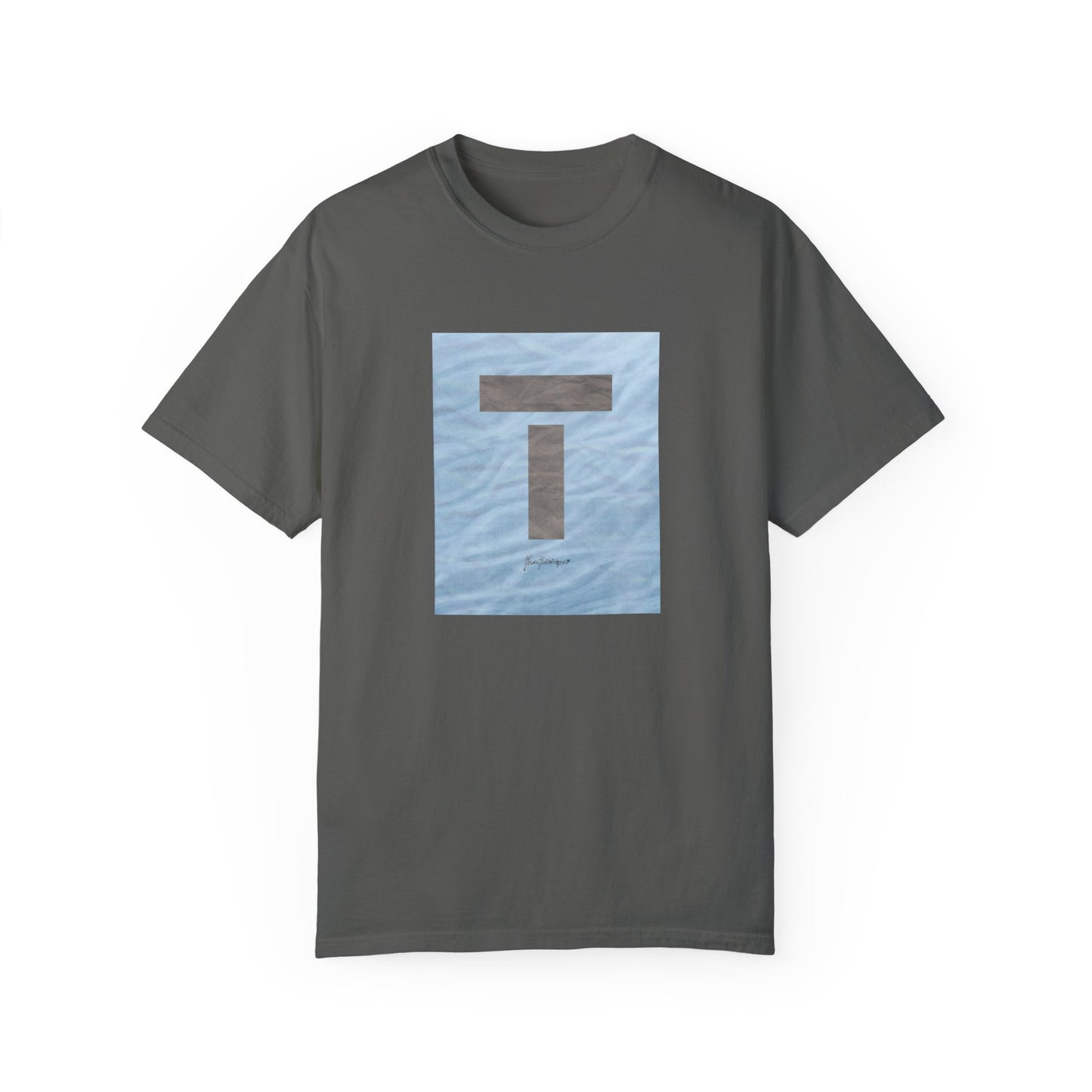 T symbol, Star Energy in a soft grey with light blue water reflections, Unisex Garment-Dyed T-shirt by artist Marie Frederique